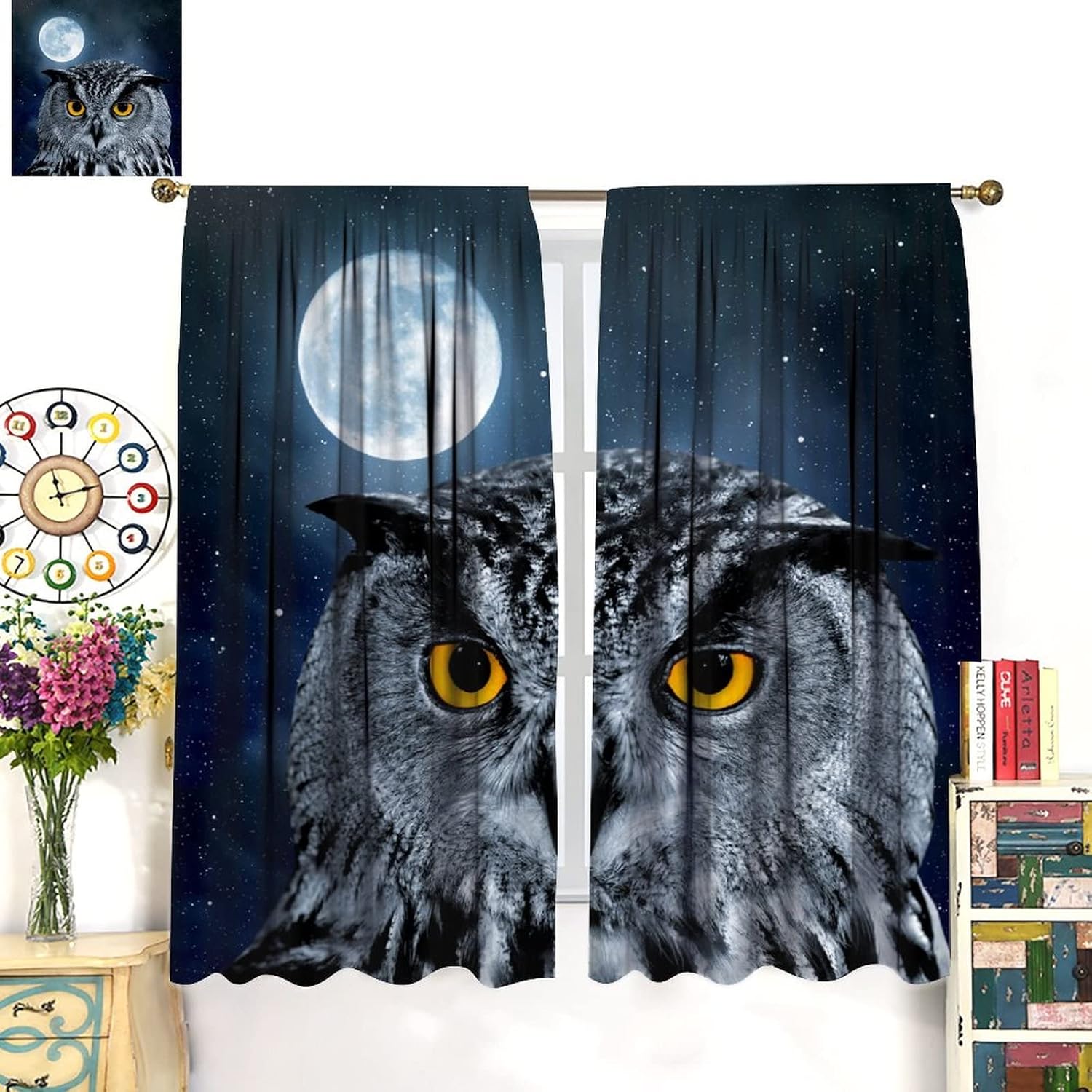 Moon Owl Blackout Curtains Starry Sky Night View Bird Animal Black White Art Print for Living Room Bedroom Kitchen Decor Rod Pocket Window Drapes 2 Panels 42x45in