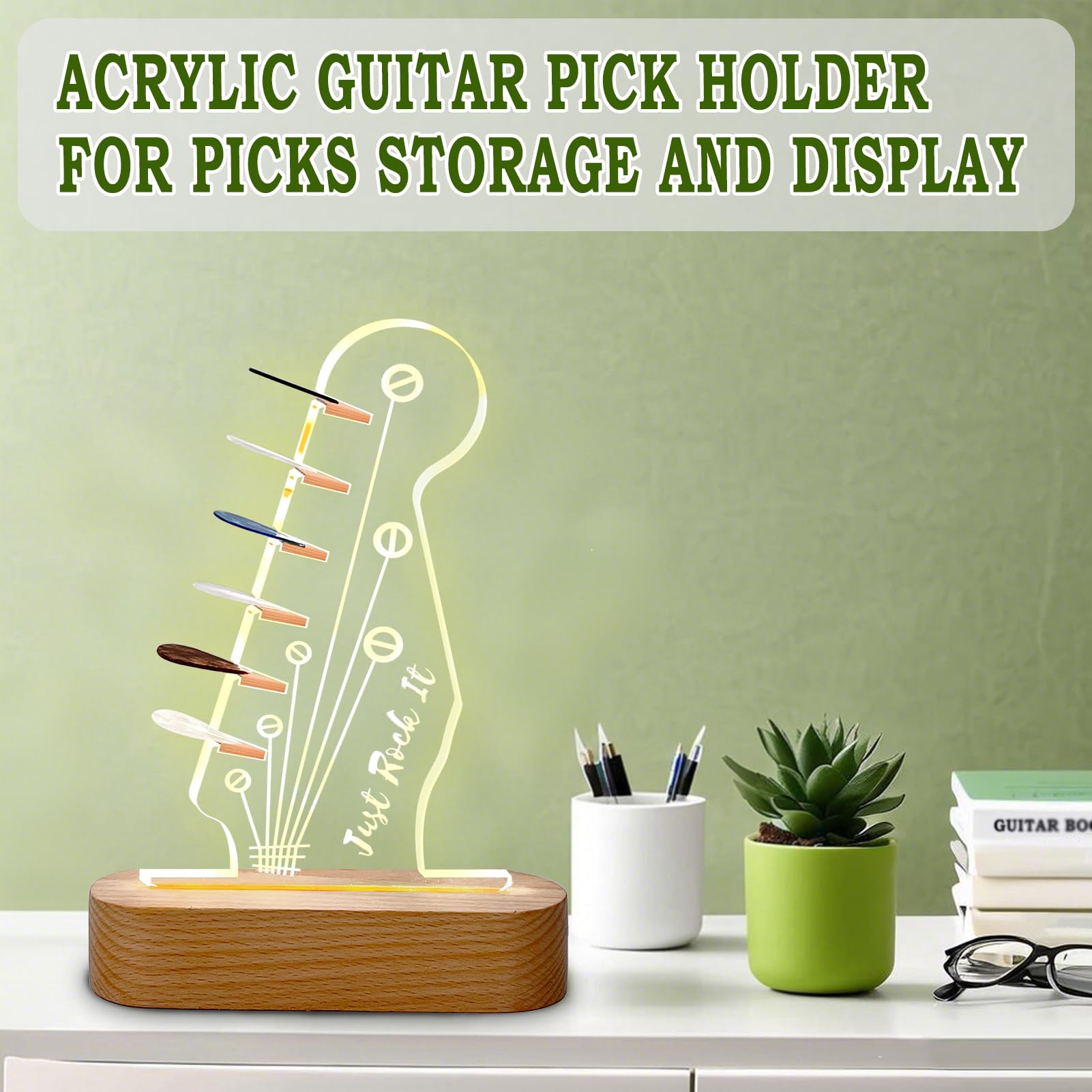 Guitar Pick Holder, Bass Pick Display Holder, Acrylic Electric Guitar Headstock Shaped with Light Up Wooden Base for Picks Storage , Guitar Accessories Gifts for MusicEnthusiasts and Musicians