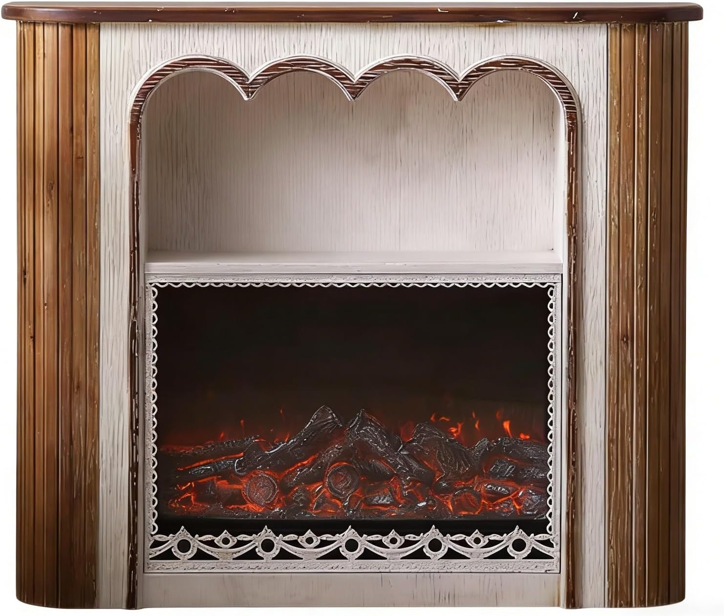 Mantels Surround Electric Fireplace with Mantel & Open Shelf No Heat LED Flame Effect Distressed Wood Home Decor(Decorative core)