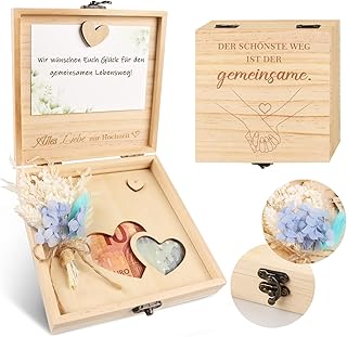 TUZELIYA Geldgeschenk Hochzeit Holz mit Hochzeitskarte Trockenblumen, Hochzeitsgeschenke für Brautpaar Geldgeschenke Verpacken, Geschenkbox Hochzeitsgeschenk Ideen