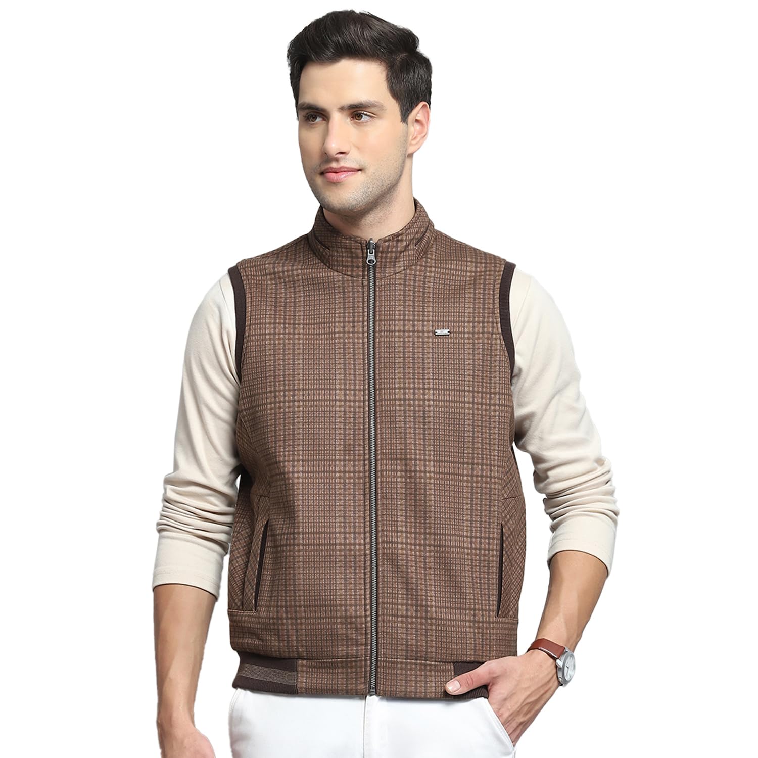 monte carlo Mens Solid Brown Band Neck Sleeveless Jacket-picture-17