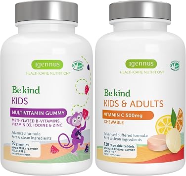Igennus Methylated Kids Multivitamin Gummy + Gentle Buffered Vitamin C Chewable 500mg, Kids Brain & Immunity Bundle 4y+, with B-Vitamins & Vitamin D + Sugar Free & Vegan