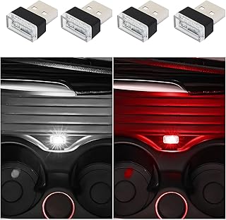 4 PCS USB LED Car Interior Atmosphere Lamp, Portable Mini LED Night Light, Plug-in USB Interface Trunk Ambient Lighting Kit, Universal Vehicle Interior Accessories (White+Red)