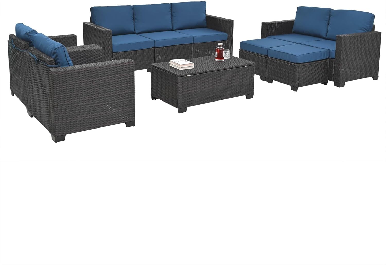 10 Pieces Outdoor Patio Furniture Sets with Cushions Coffee Table Hidden Storage Wicker Rattan Patio Sofa Conversation Set for Porch Balcony Poolside