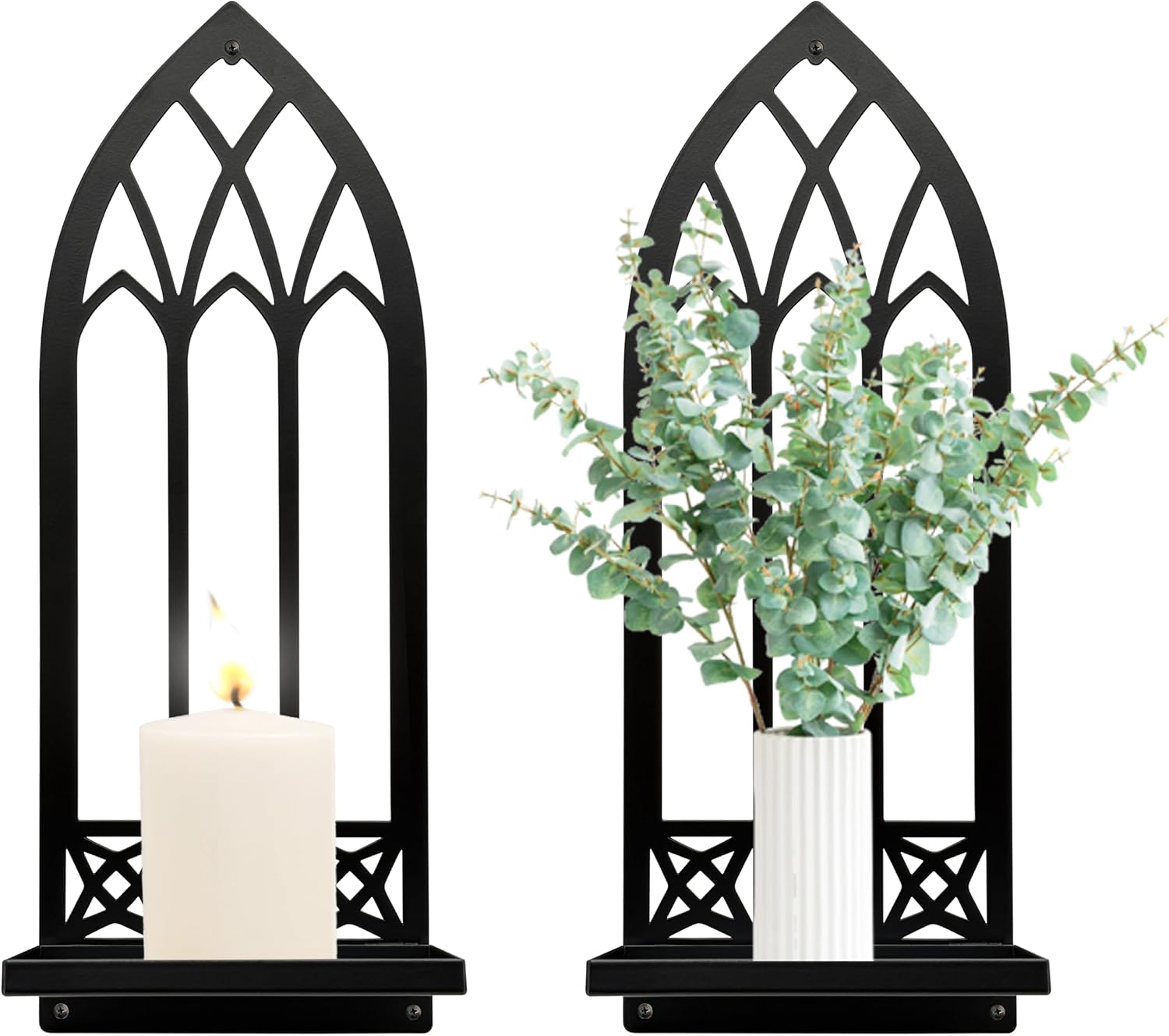 Gothic Wall Sconces Set of Two Candle Holder, Black Metal Gothic Wall Decor, Arched Church Wall Sconces, Rustic Farmhouse Home Wall Art Decor for Living Room, Bathroom, Bedroom, Dining Room