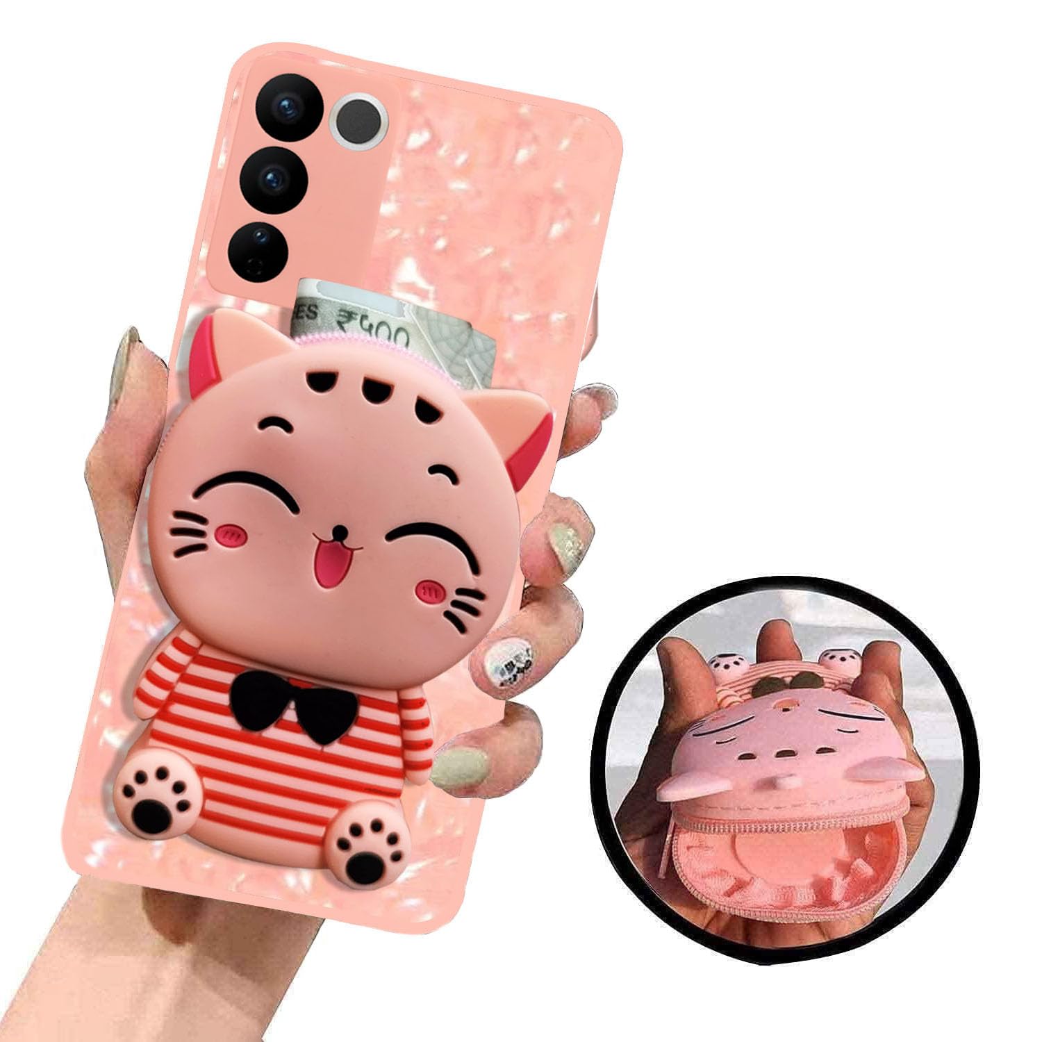 KC Back Cover for Vivo V27 5G & Vivo V27 Pro 5G, Cute Cartoon Lucky Cat Stripe Kitten with Purse Soft Bumper Silicone Shockproof Case (Pink) (B0C698F8PH) Amazon Price History, Amazon Price Tracker