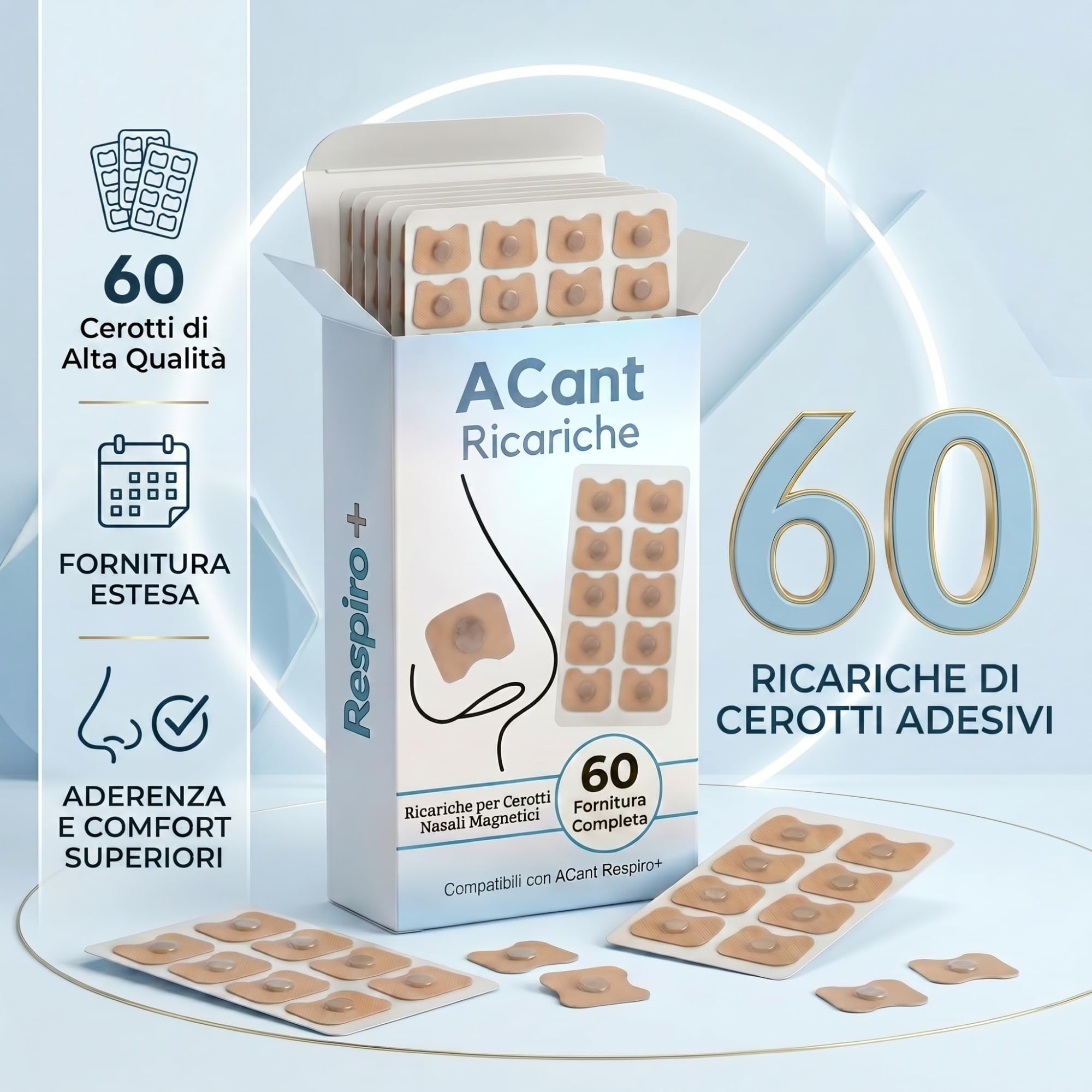 ACant – Ricariche Cerotti Nasali Magnetici, 60 Cerotti Nasali Extra Forti Compatibili con Dilatatore Nasale Magnetico – Cerottini Nasali Respira Bene, Cerotti Nasali Antirussamento – Solo ricariche
