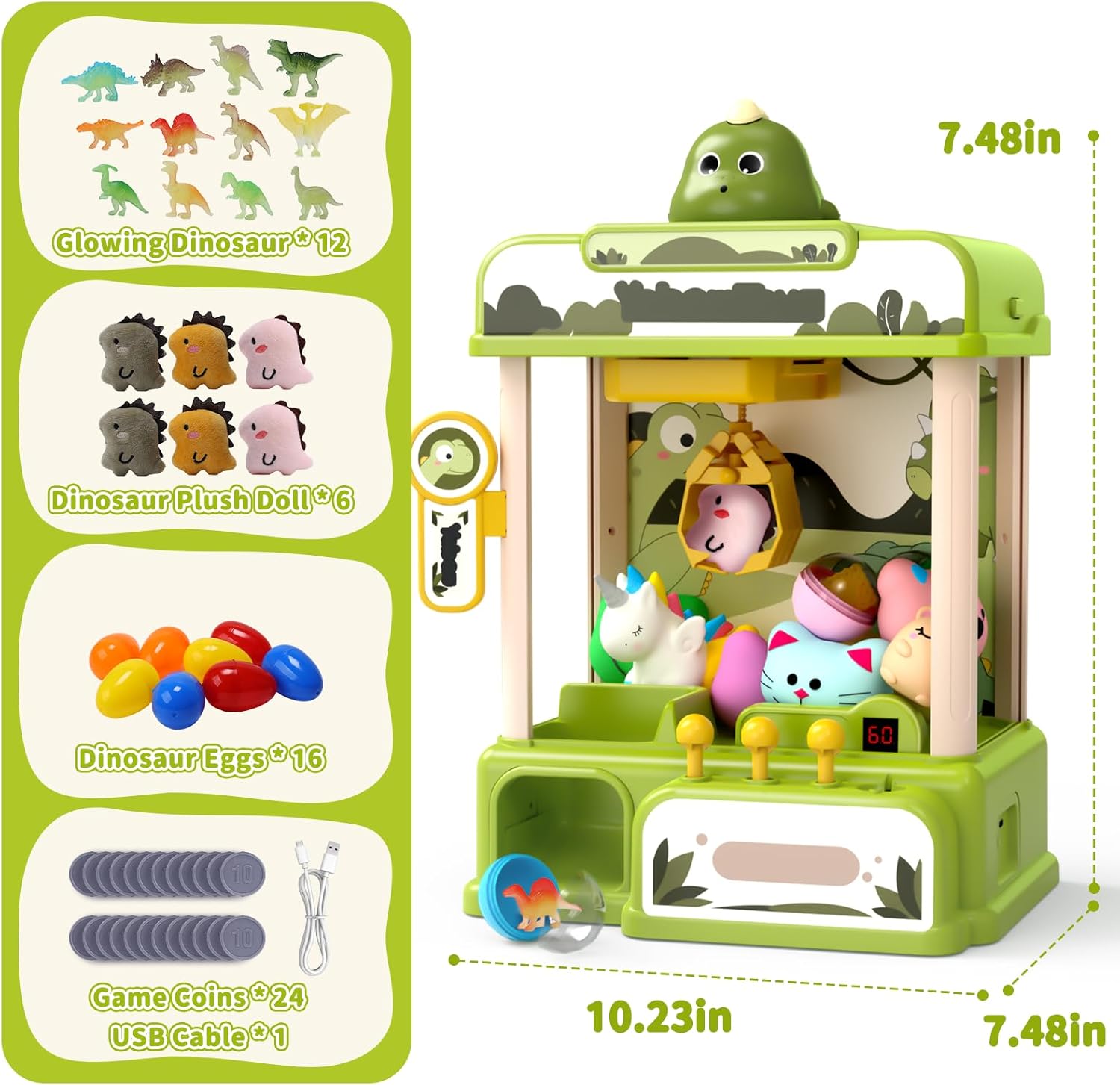 Skirfy Dinosaur Claw Machines for Kids,Electronic Arcade Game Vending Machine Toys with 34 Dinosaur Toys & Sound,Candy Dispenser Machine, Thanksgiving Birthday Gifts for Girls Boys