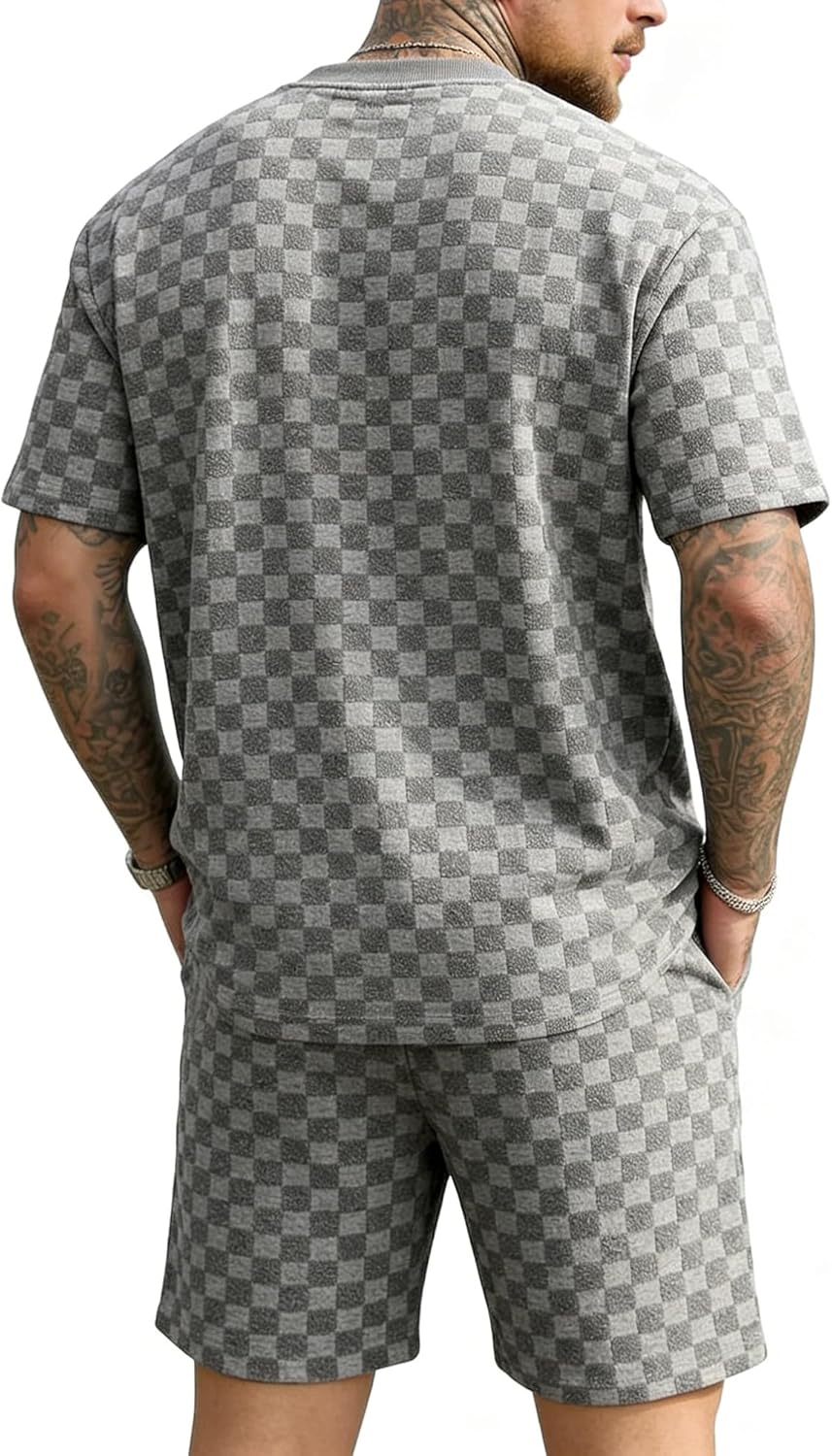 Men's 2 Piece Set Summer Outfits Casual Geometric Texture Short Sleeve Shirt and Shorts Track Suits for Men Set