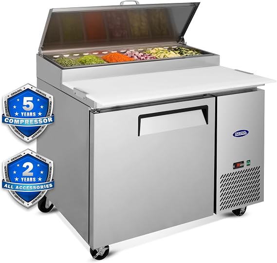 44 Commerical Pizza-Sandwich Prep Table Refrigerator - One Door Stainless Steel Refrigerator, 11 Cu.ft Capacity, Low Noise, Adjustable Shelves, Auto Defrost, Digital Temp Control