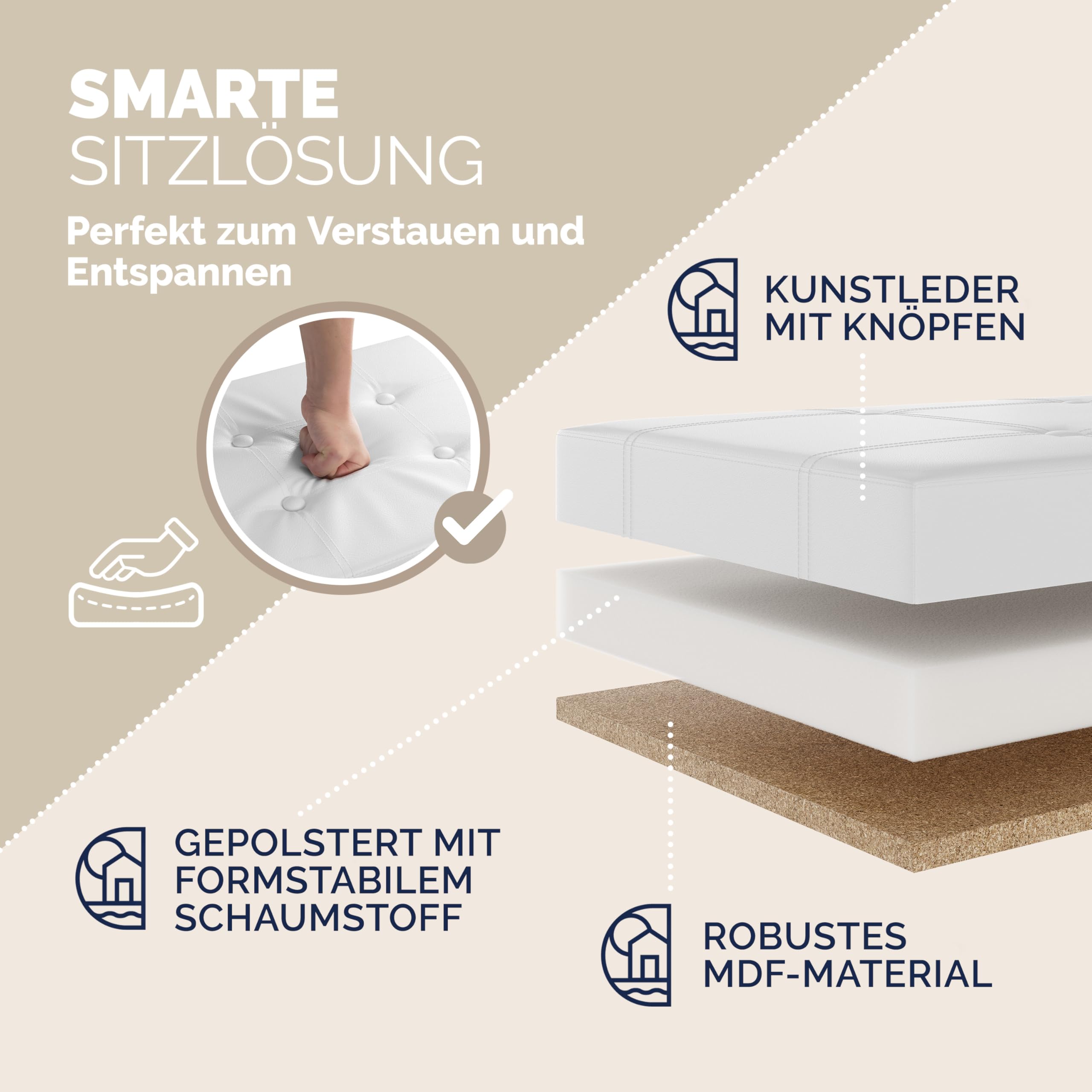 Casaria® Sitzbank mit Stauraum Faltbar Weiß 115x40x40cm Gepolstert Deckel Kunstleder Schlafzimmer Wohnzimmer Flur Sitztruhe Truhenbank Polsterbank