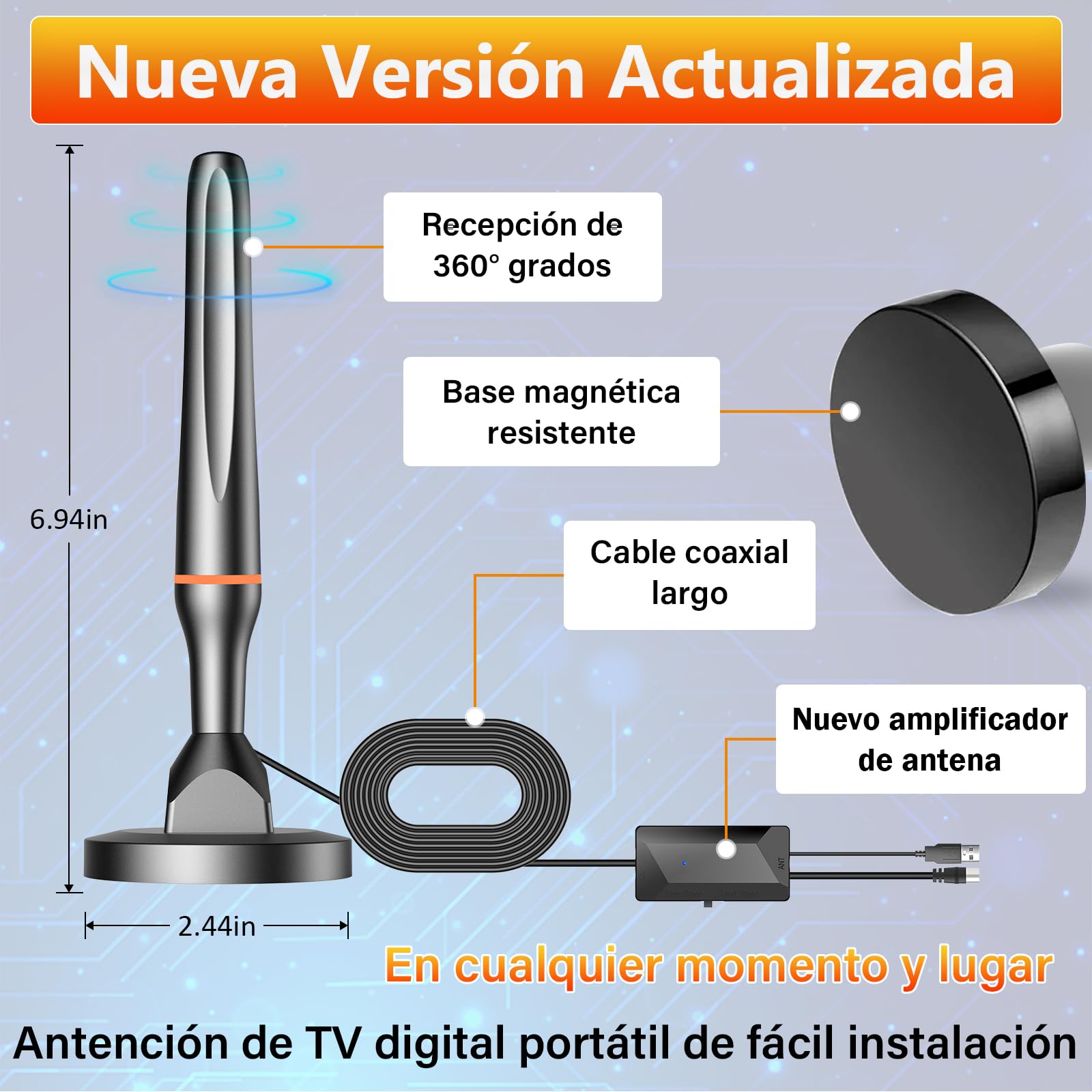 Antenna TV interna 2025, potente antenna TV portatile con amplificatore e base magnetica, 250 KM+ ricezione a lunga distanza, compatibile con 4K 1080P DTMB DVB-T2 DVB-T DVB-T - All TVs
