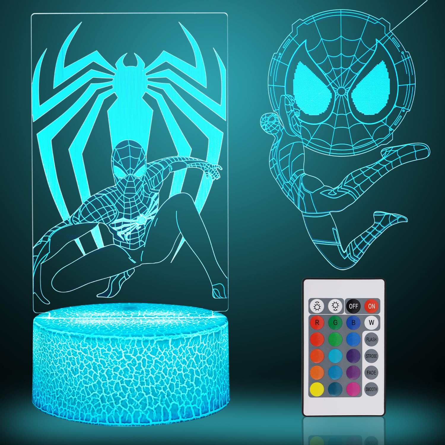 AOUGO 3D Illusion Night Light Spiderman - Superhero Toys 2 Patterns Bedroom Accessories, Touch Bedside Table Lamp, 16 Light Color Changes, Dimmable, Christmas Birthday Toy for Boys Girls (White)