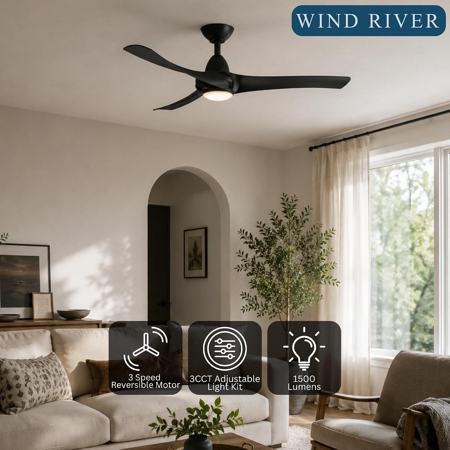 Wind River WR1462MB Droid LED 52 Inch Indoor Ceiling Fan | 1500 Lumens Tunable Integrated LED Light | Matte Black Finish with Matte Black | Remote Control Included | 3 Speed AC Motor | Dry Rated image 2