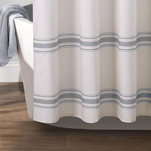 Miniatura 3 de Lush Decor Cortina de regadera estilo granja a rayas de algodón, 72" ancho x 72" largo, azul - Cortina de baño a rayas - Cortinas de regadera de