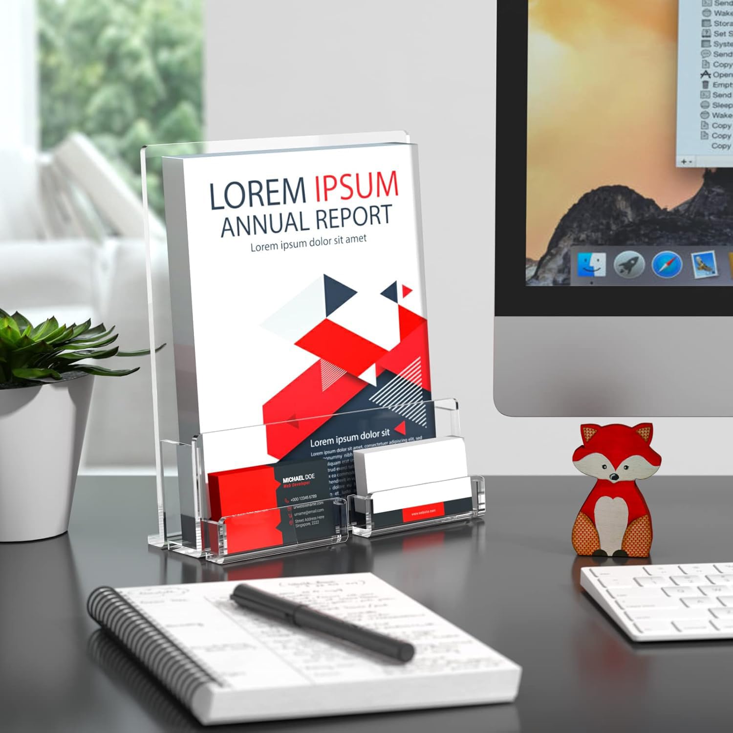 Lot de 2 porte-brochures A5 avec porte-cartes de visite en acrylique | Brochures de menu épaisses autonomes en plexiglas pour magazines, cartes de visite, brochures