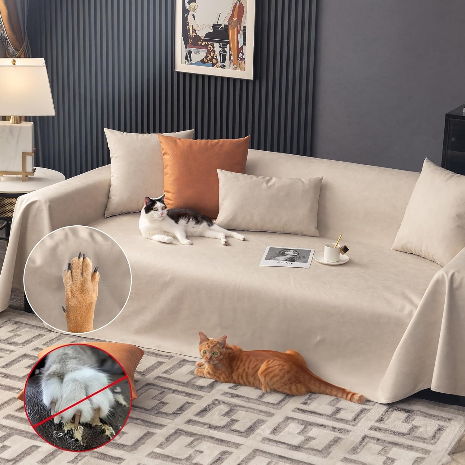 Waterproof Sofa Covers for Cats Non-Slip Dog Couch Cover Blanket Anti-Scratch Slipcover for Pets Leak Proof Couch Cover Furniture Protector for 3-4 Cushion Washable (Beige, 82"x134")