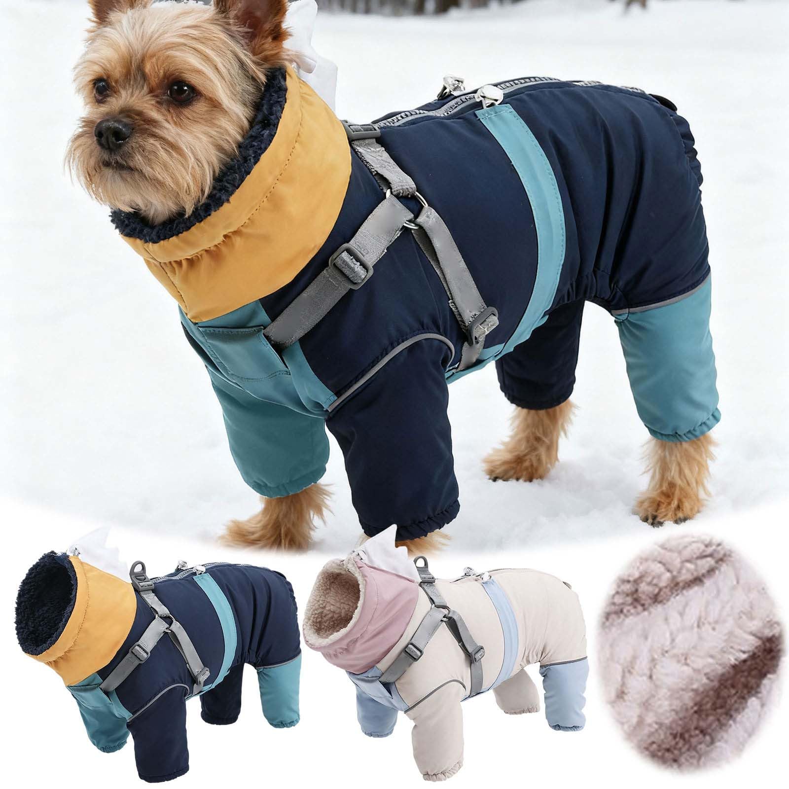 Hunde Wintermantel Winter-Schneeanzug mit Geschirr, Warmer, mit Fleece gefütterter Overall,Vierbeinmantel für kleine, mittelgroße und große Hunde, Kleidung für kaltes Wetter verstellbarem (Blue, XL)