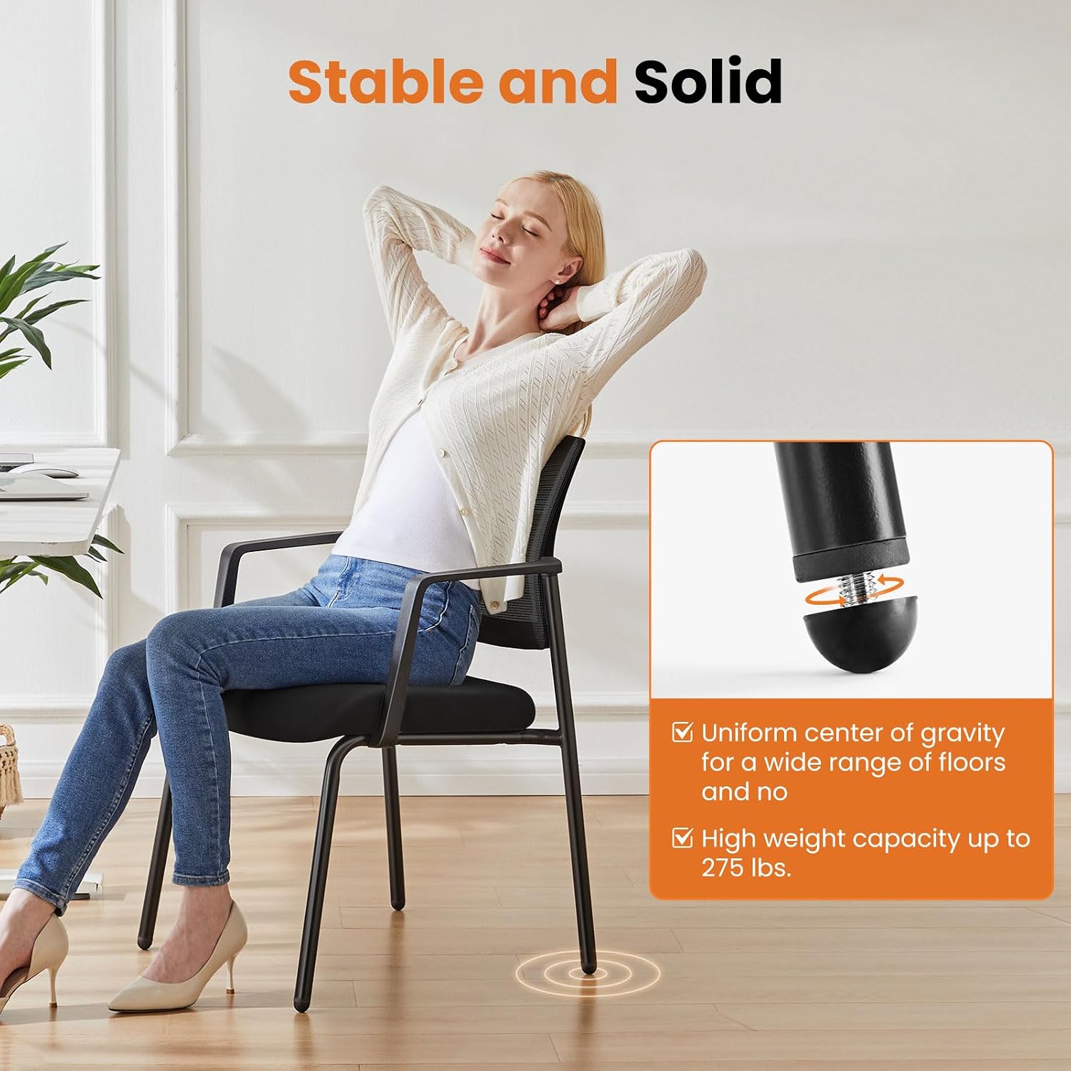 Mesh Back Stacking Arm Chairs, Office Reception Guest Chair with Upholstered Fabric Seat and Ergonomic Lumber Support, Sturdy Metal Office Chairs, Black-1pack