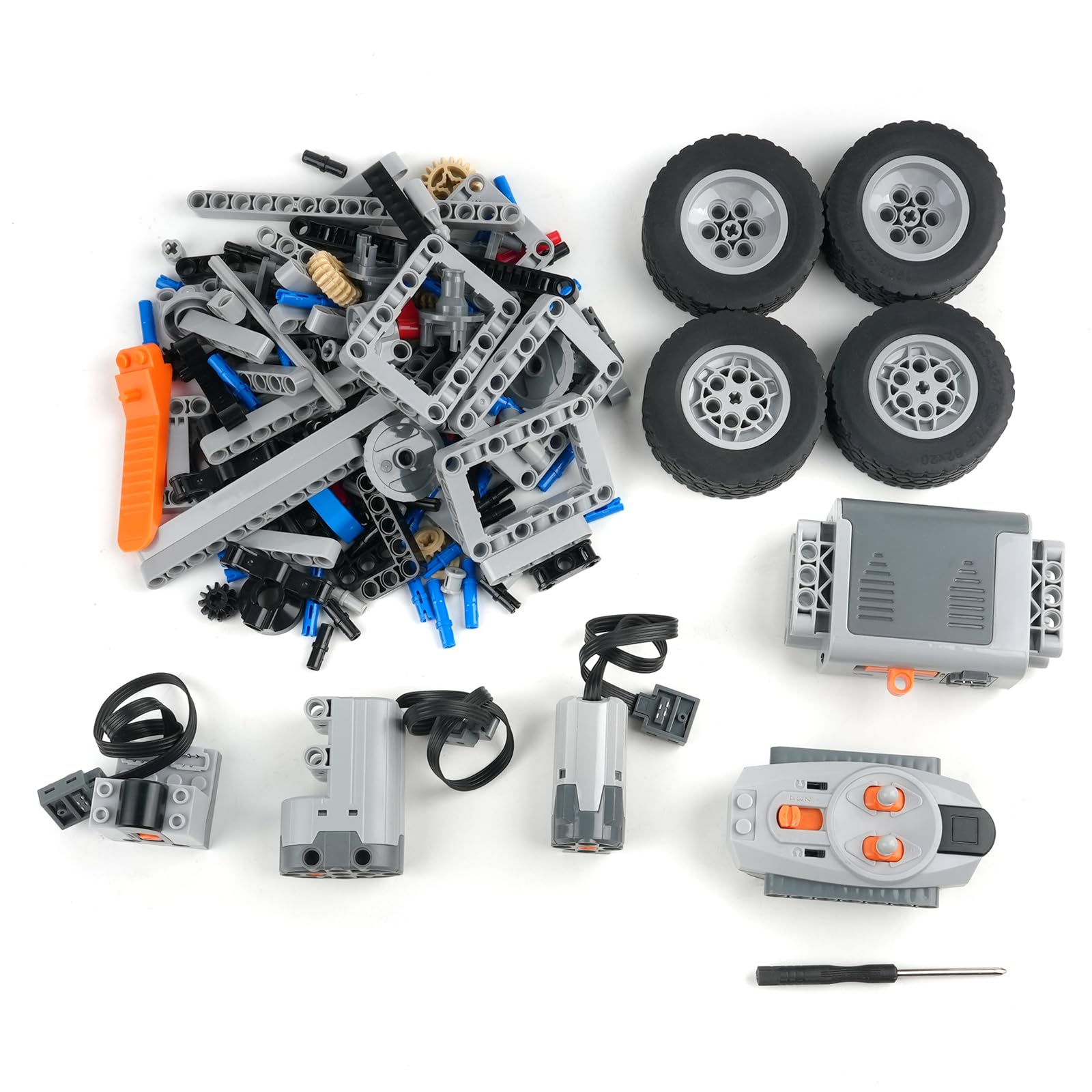MOC 4WD Power Function RC Car Chassis Kit - Technical Building Blocks with 62.4x20mm Wheels, M Motor, Servo & AA Battery Box for Off-Road Climbing Cars