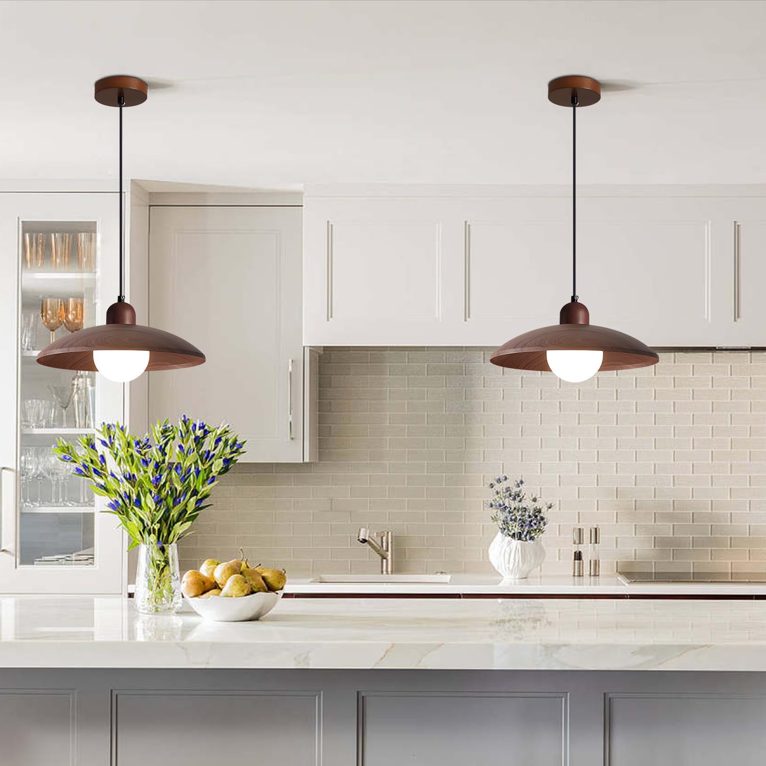 Rustic Farmhouse Pendant Light Metal Dome Pendant Light Fixture with Wood Grain Finish Hanging Lighting for Kitchen Island Dining Room（Metal Shade）