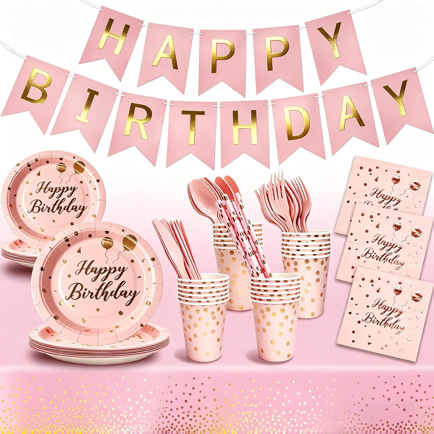 Birthday Decorations Supplies 194 Pcs Pink & Rose Gold Birthday Party Tableware, Includes Paper Dessert Plates and Napkins, Serves 24 for Girls' Sweet 16 Party, Baby Shower, Women's Birthday