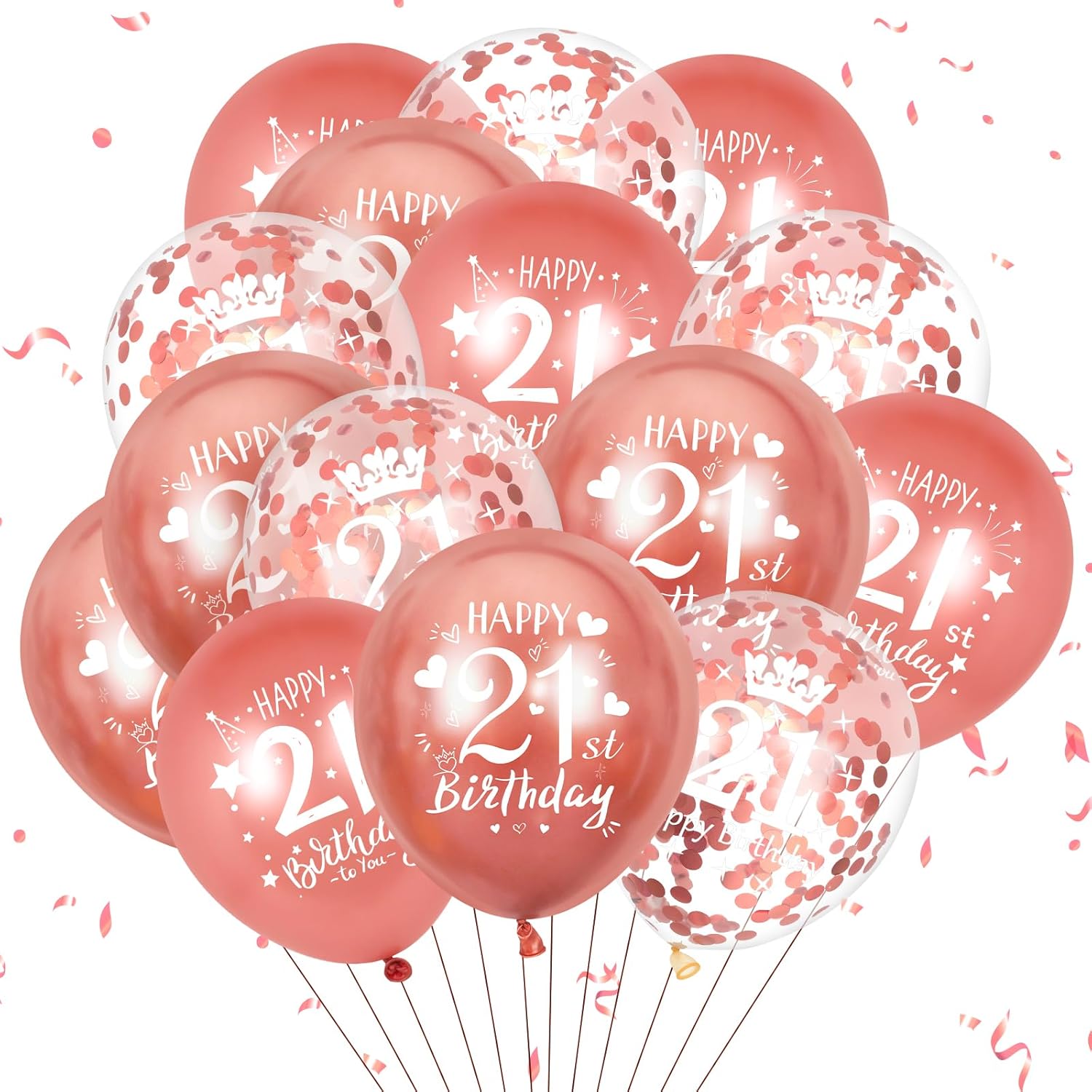 21st Latex Birthday Balloons, 15 Pcs Rose Gold Happy 21st Birthday Balloons, Rose