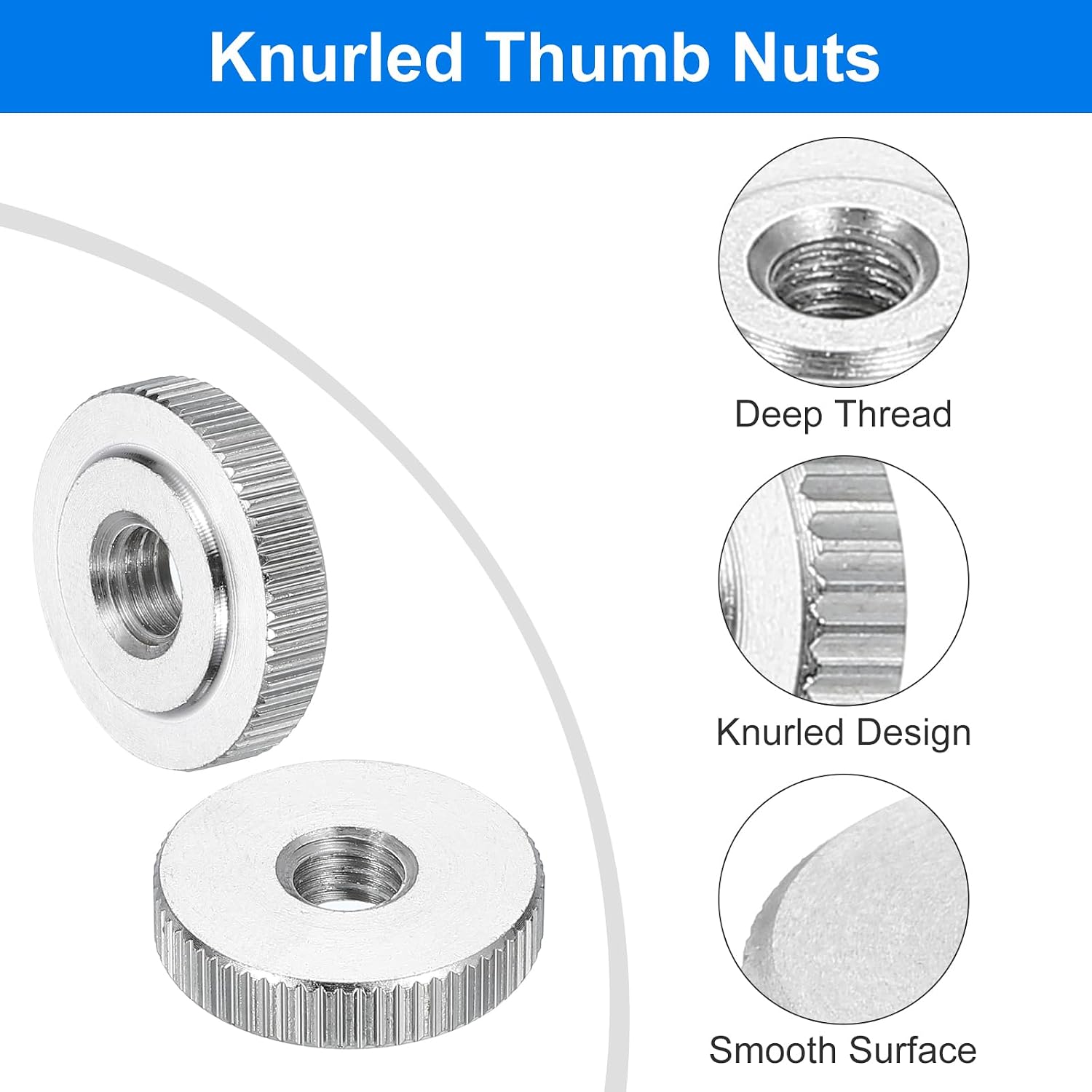 uxcell 8Pcs M8 Knurled Thumb Nuts, 304 Stainless Steel Round Knurled Flat Head Through Hole Handle Nut, Lock Adjusting Nuts, Thin Type, Silver image 4