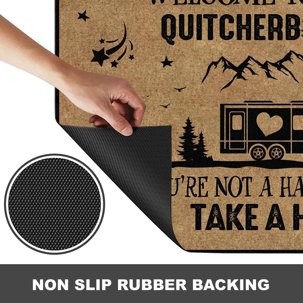 Personalized Camping Doormat - Welcome to Camp Quitcherbitchin Outdoor RV Camper Mat - Custom Name RV Camping Accessories for Travel - Funny Doormat Entry Trailver Rug Gift