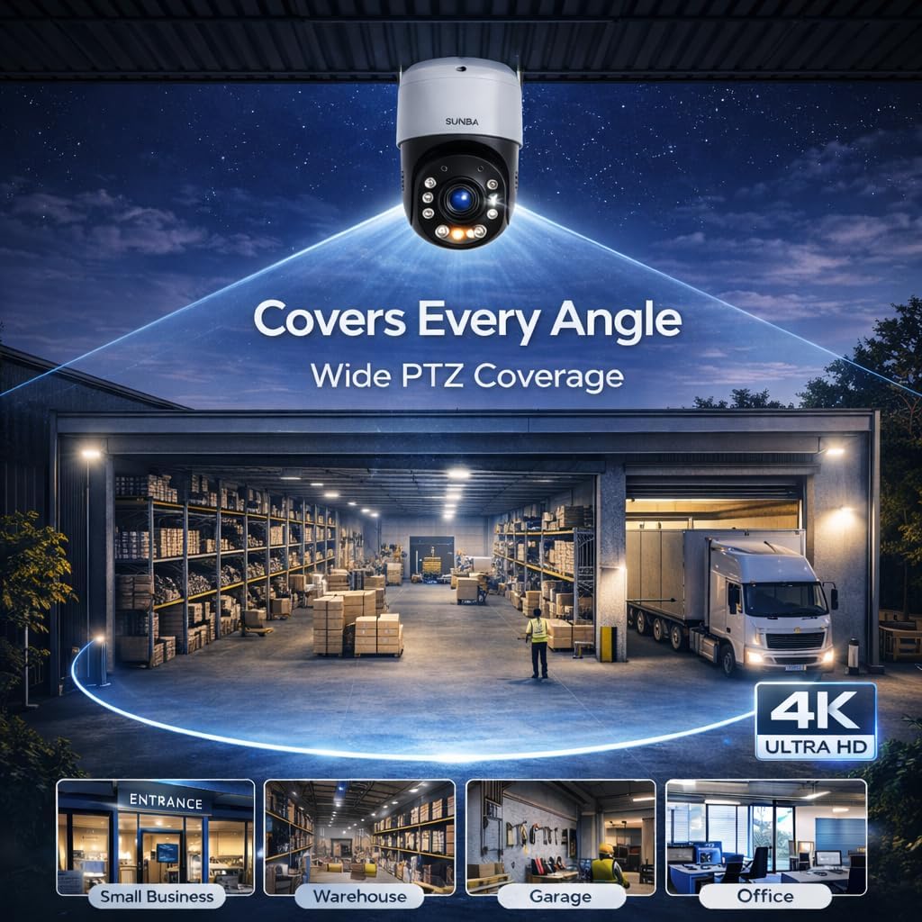 SUNBA 4K Mini PTZ Security Camera, 20X Optical Zoom, PoE+ Outdoor IP Camera, Dual Light Color Night Vision, Two-Way Audio, 360° View, ONVIF, IP66 Waterproof, Remote Access(305-D20X 4K)