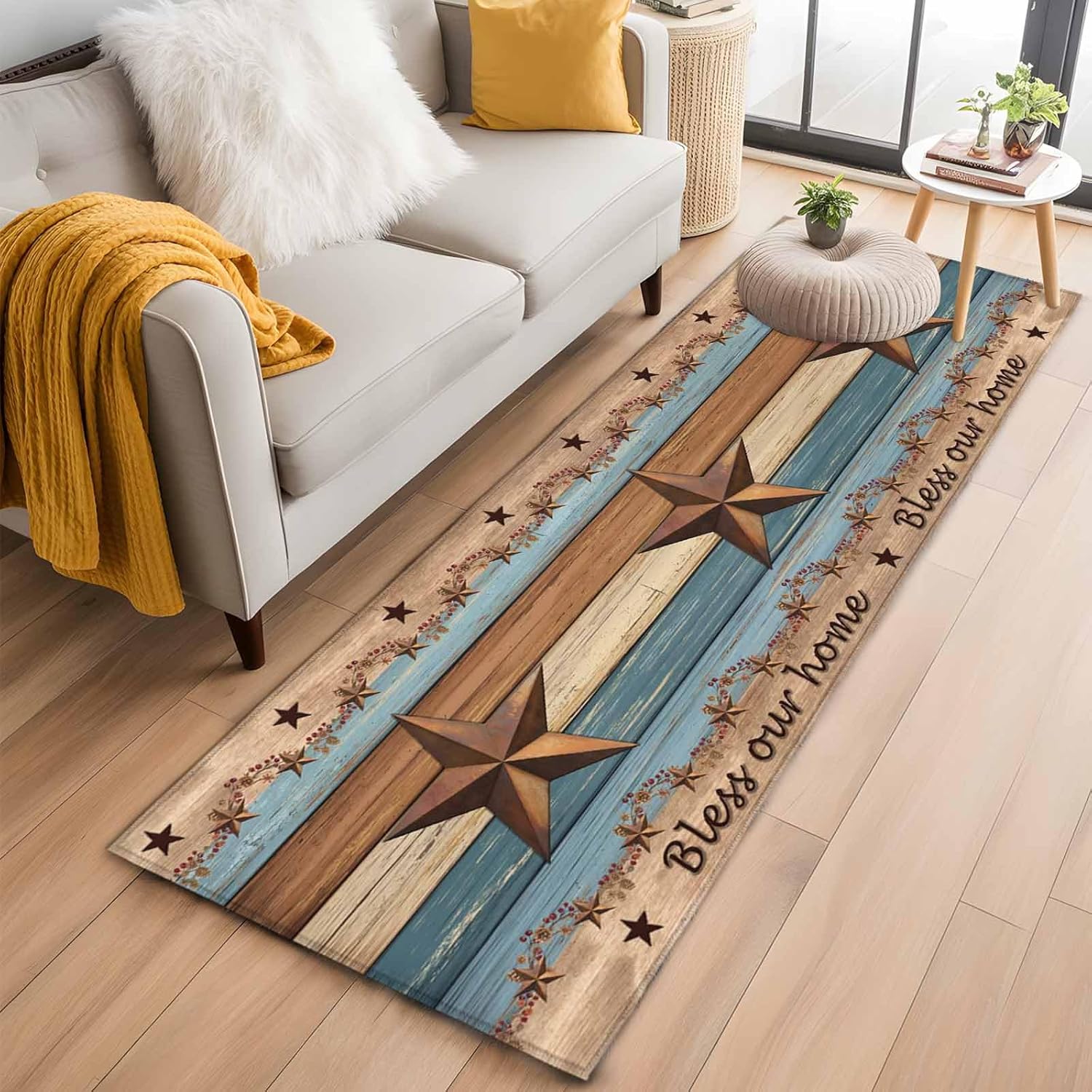 DecorLovee Runner Rug 2'x6', Western Texas Star Retro Non-Slip Hallway Runner Rugs, Vintage Farmhouse Blue Brown Wood Grain Bedside Rugs Floor Mats Carpet Runners for Kitchen Bathroom Laundry Room