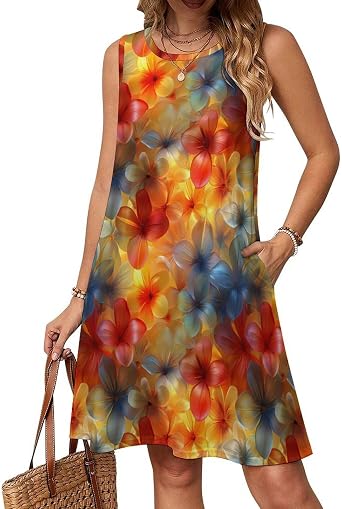 Womens Casual Sleeveless Crew Neck T Shirt Dresses Floral Print Tank Loose Sundress with Pocket
