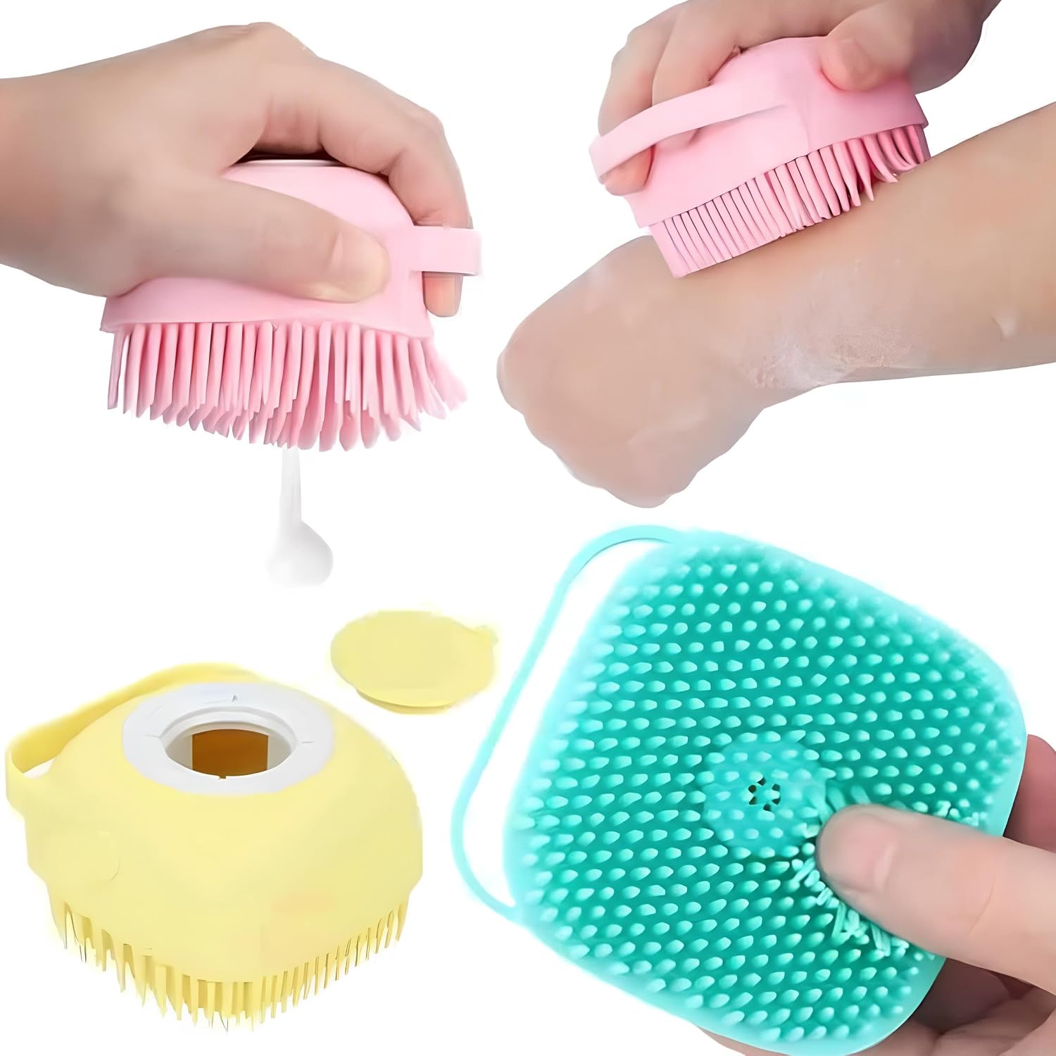 Kanji Silikon Masajlı Duş Fırçası – Şampuan Hazneli Vücut ve El Temizleme Scrubber | Yumuşak Silikon Banyo Masaj Kesesi