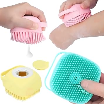 Kanji Silicone Massage Shower Brush – Body and Hand Cleaning Scrubber with Shampoo Chamber | Soft Silicone Bath Massage Bag