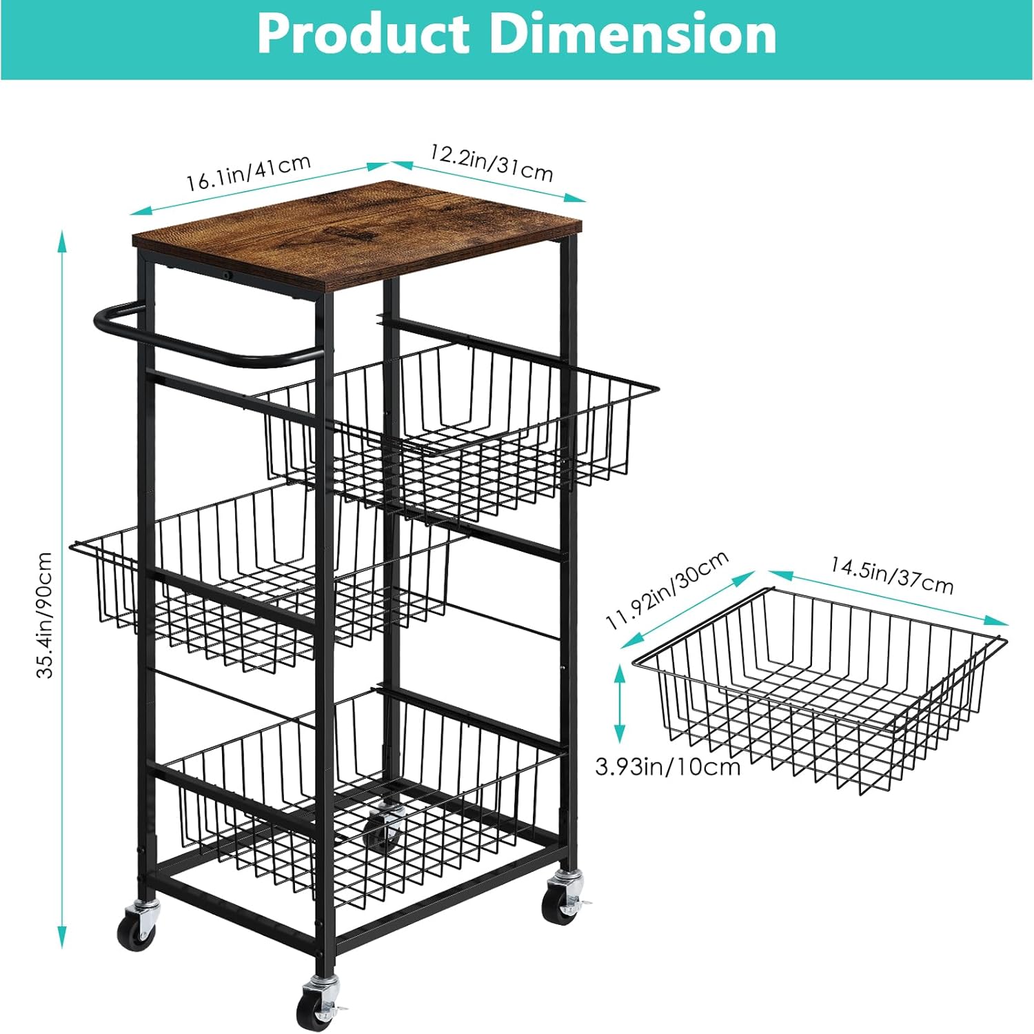 4 Tier Kitchen Storage Cart, Snack Rack Cart with Pull-Out Fruit Baskets, Mobile Pantry Cart with Wheels, Kitchen, Bathroom, Brown