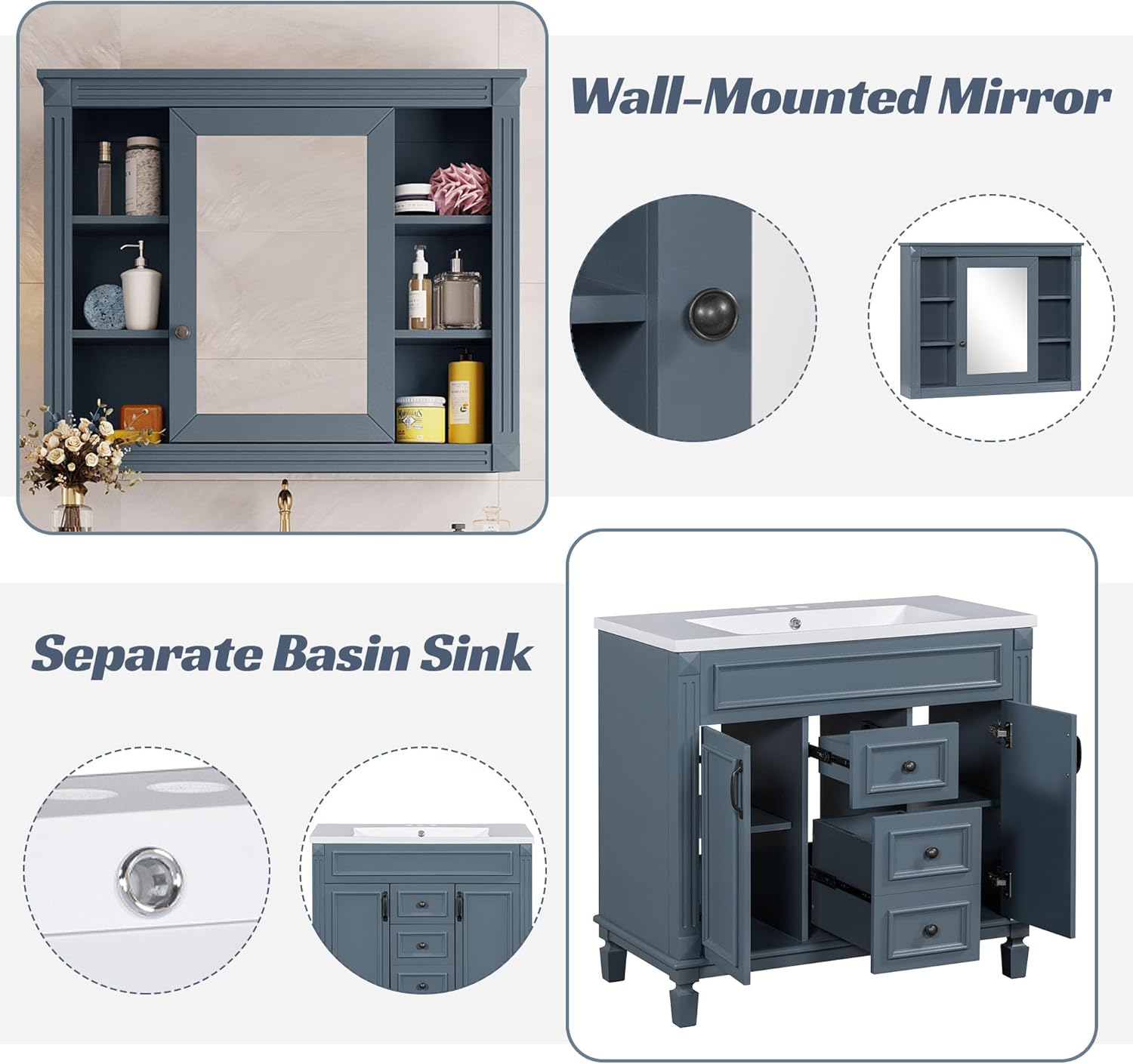 36 in Bathroom Vanity with Sink and Medicine Cabinet Set, 2 Drawers, 2 Doors and Shelves, Wood Single Sink Bathroom Cabinet with Soft Closing, Modern Blue Bathroom Vanity Set