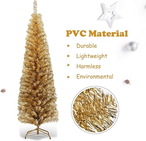 Miniatura 4 de DORTALA Árbol de lápiz galvanizado de 6 pies, árbol de Navidad delgado con soporte de metal, decoración de Navidad para y exteriores, dorado champán
