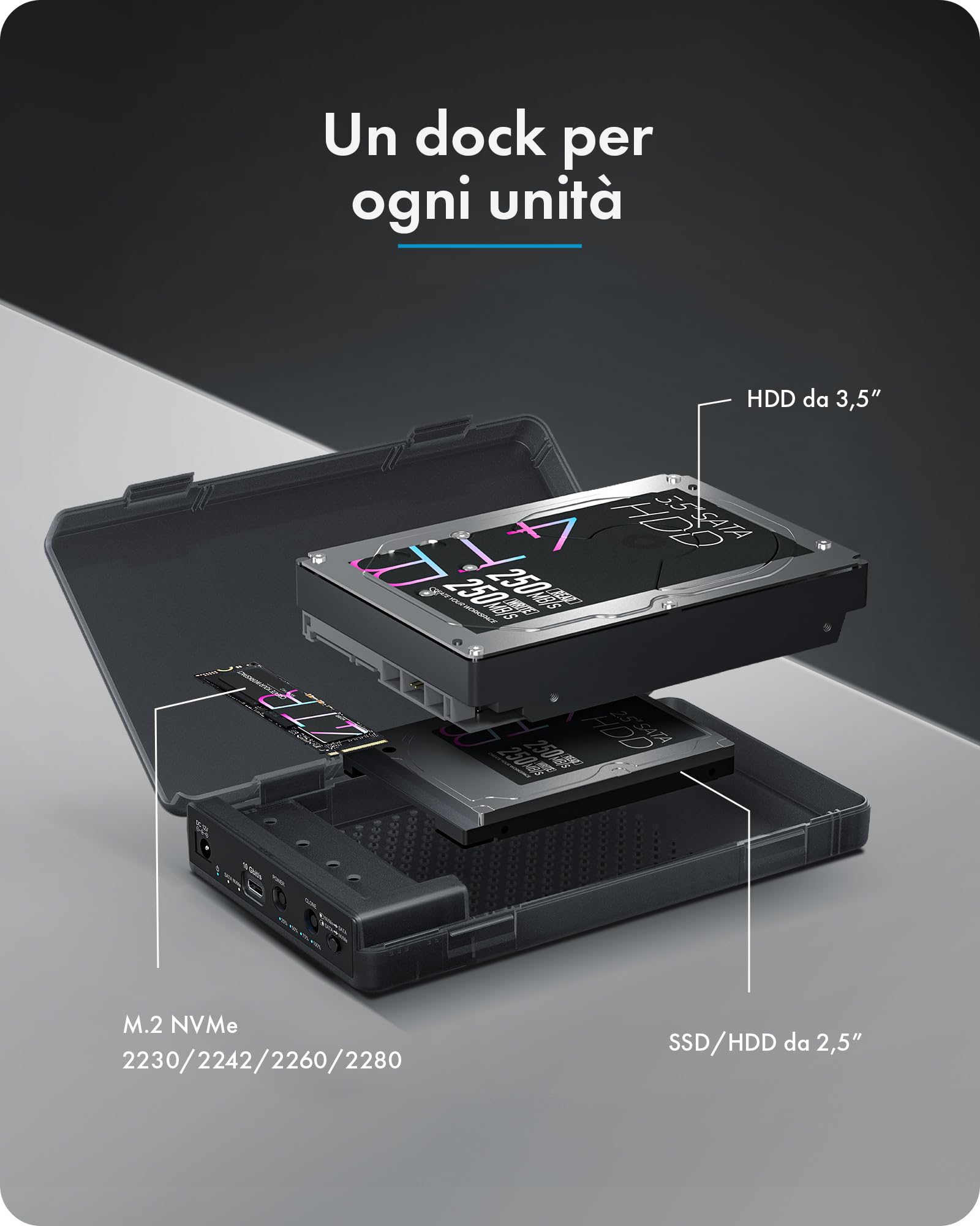ICY BOX Spade Clone 3882 Docking Station e stazione di clonazione per SSD M.2 NVMe e HDD/SSD SATA 2,5"/3,5", USB-C 3.2 Gen 2 (10 Gbps), clonazione offline, HotSwap, IB-3882MSCL-CU31