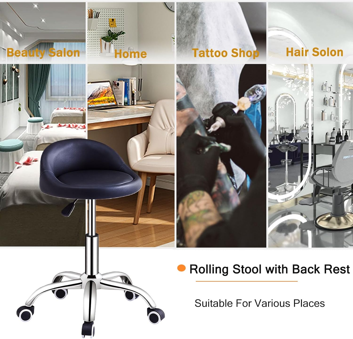 Yuelong Rolling Stool with BackRest and Wheels - Adjustable Height Swivel Stool Chair PU Leather Multi-Purpose Drafting Salon Tattoo Office SPA Shop