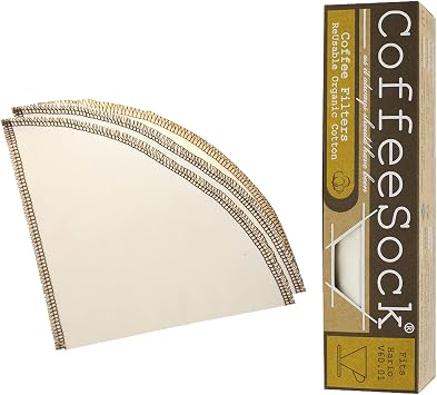 CoffeeSock Reusable Hario V60 Coffee Filters Size 01 2 Pack GOTS Certified Organic Cotton Cloth Pour Over Filter for V60-01 Dripper, Better Flavor Than Paper, Eco-Friendly Zero Waste