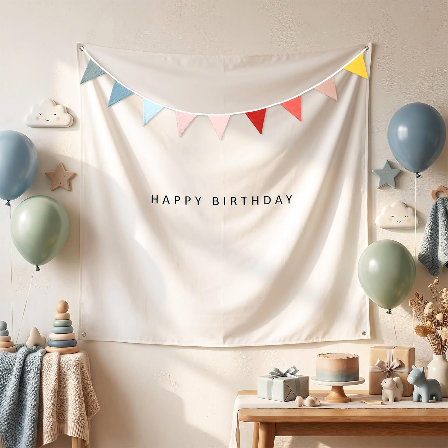 Gilprop Boho Happy Birthday Backdrop Tapestry Set 59x59'' White Happy Birthday Fabric Banner Neutral Triangular Bunting and Sign Reusable Customizable Party Decor for Outdoor Yard Porch(Multicolor)