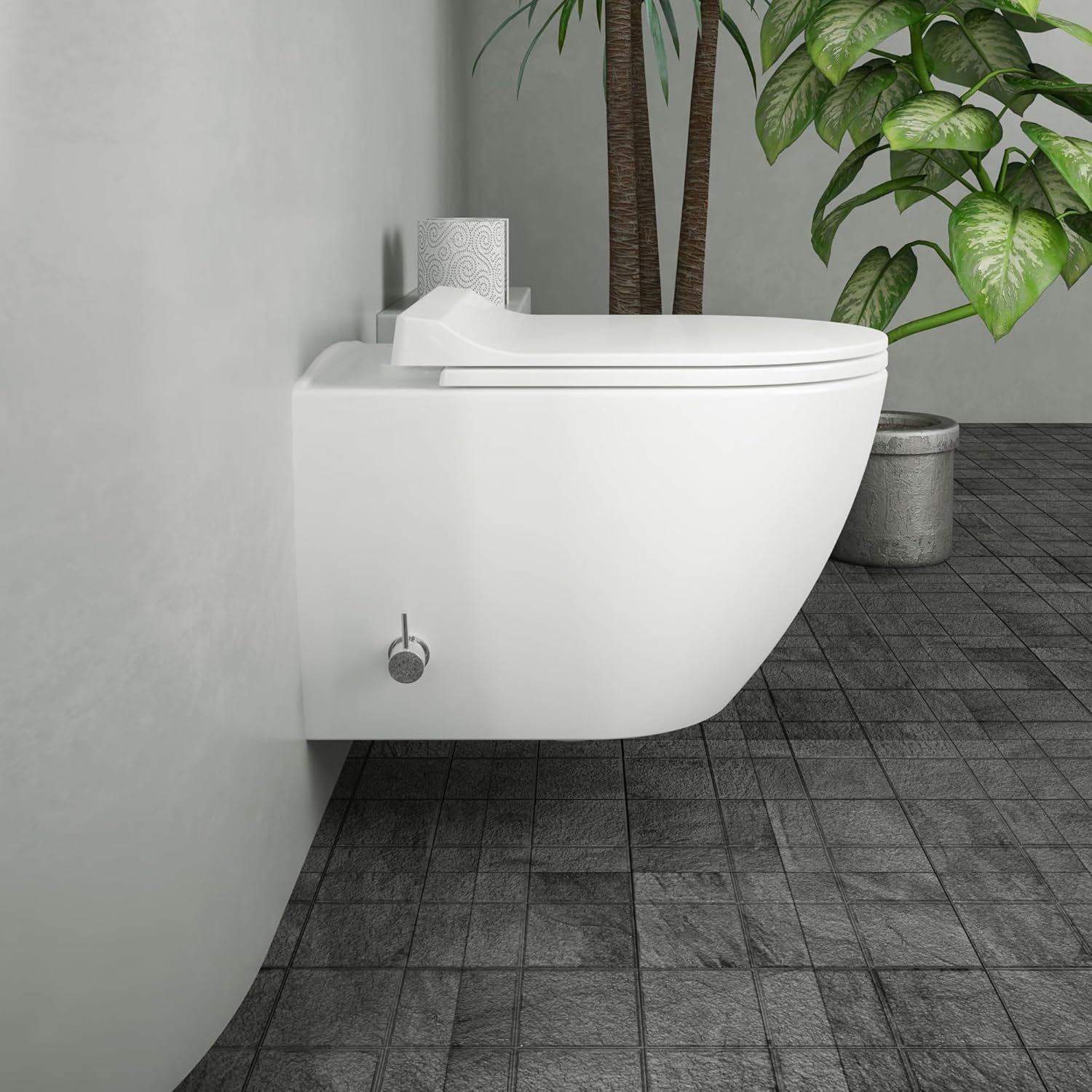 Rimless Wall-Hung WC con funzione bidet integrata e rubinetto miscelatore caldo/freddo, sedile in Duroplast sottile morbido, ceramica facile da pulire, bianco
