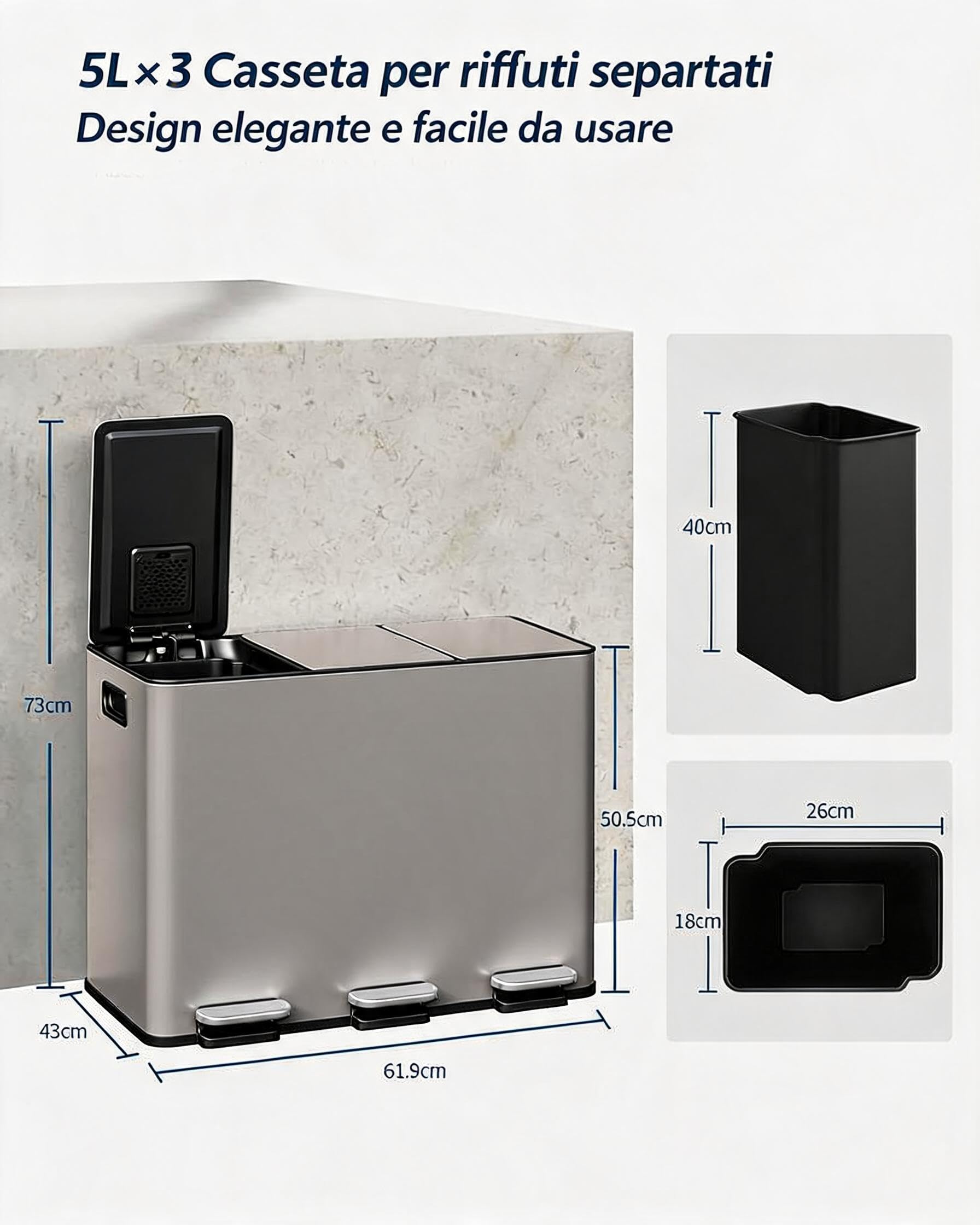 GarveeHome Pattumiera da cucina 3 scomparti 45L (3x15L)
