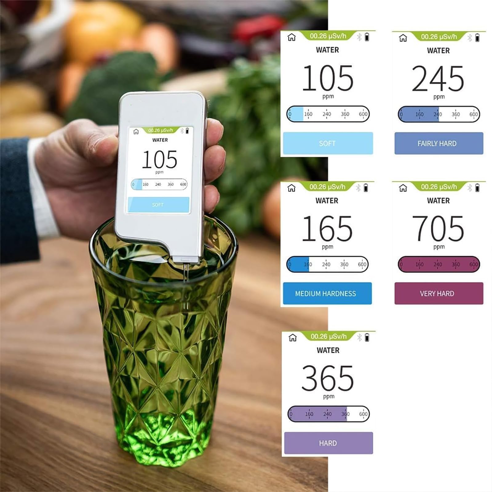 Tester portatile per nitrati alimentari, rilevatore di residui di pesticidi con timer, display a 3 colori e misuratore di radiazioni per frutta, verdura, carne, pesce e acqua