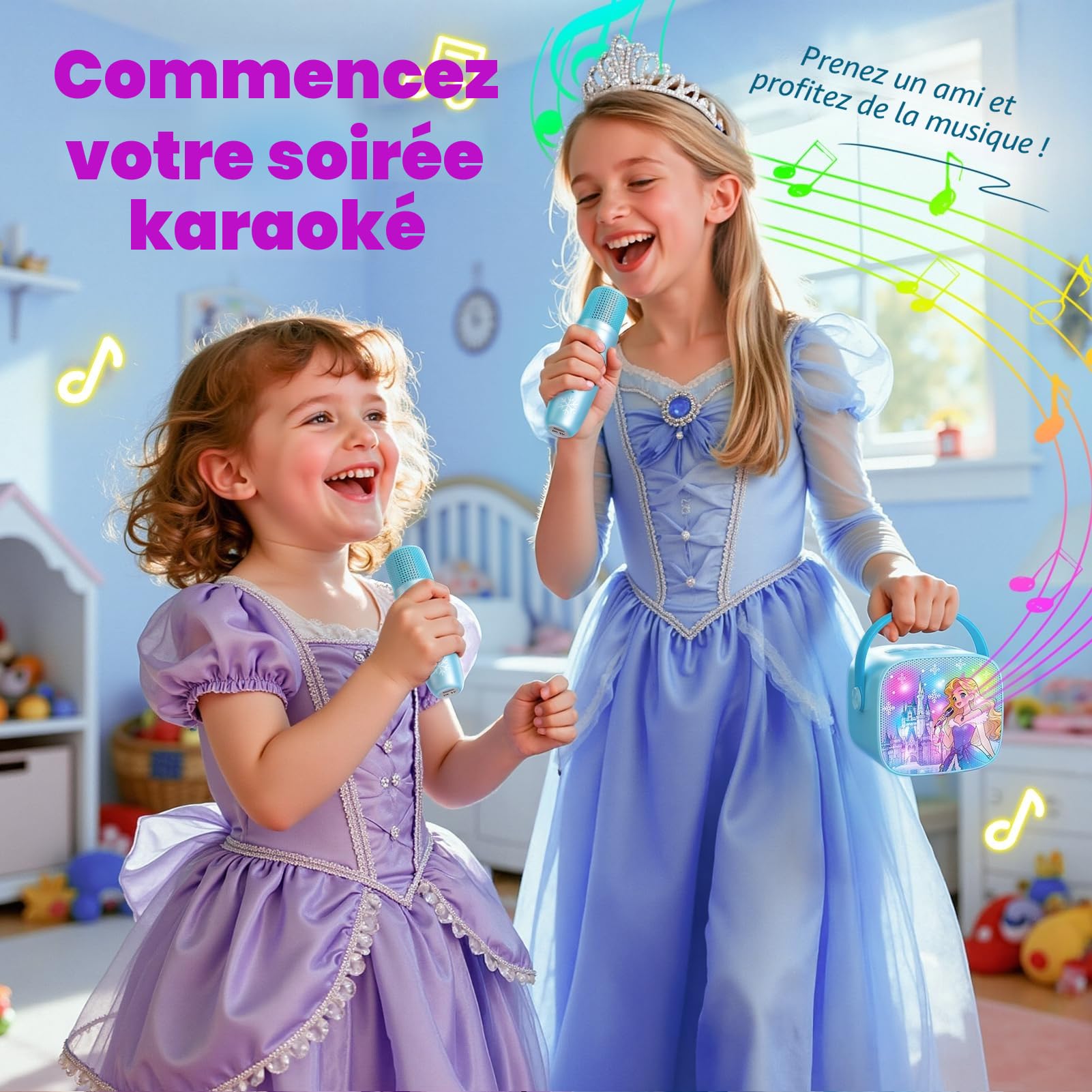 Braxel Micro Karaoke Enfant, Kit Karaoké Bluetooth Thème La Reine des Neiges avec 2 Micros, Effets Vocaux et Lumières LED, Haut-Parleur Portable, pour Filles 3-12 Ans (Bleu)