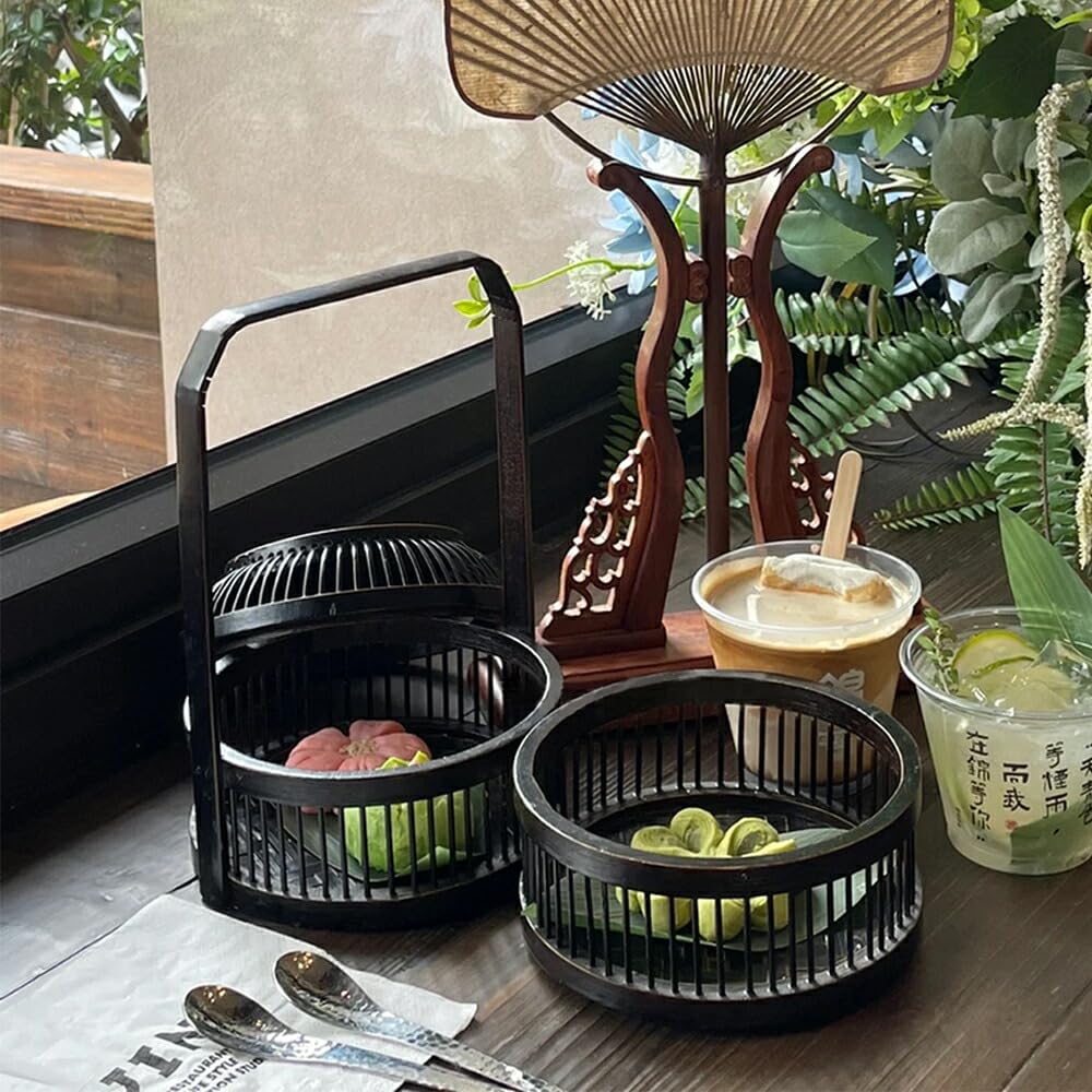 Amazon｜清境Craft 丸メッシュ茶色 竹かご ハンドル付き 一段 二段