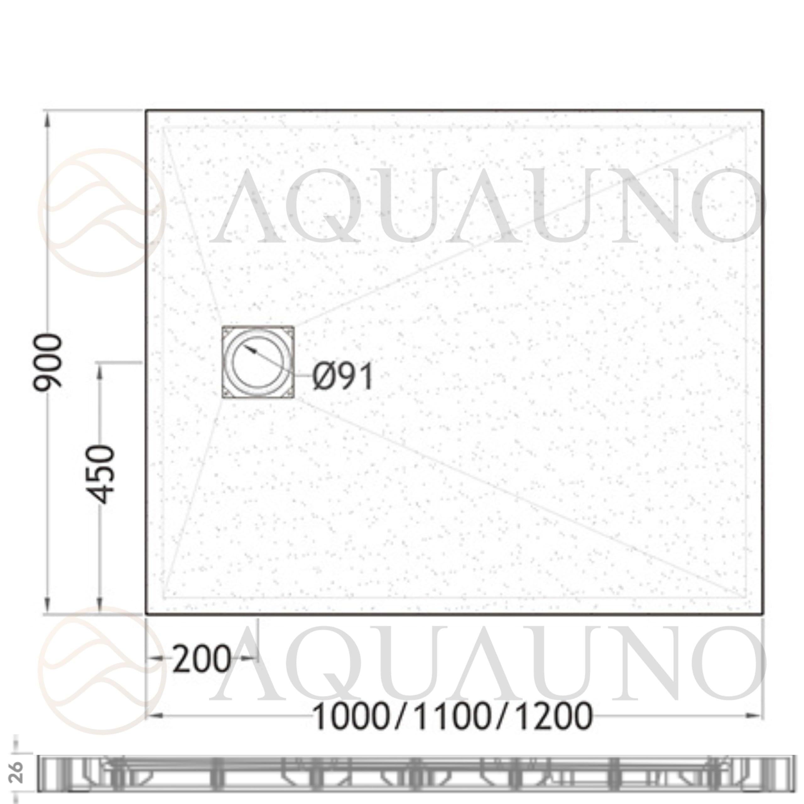 AQUAUNO Brodzik prysznicowy 120 x 90 cm o wyglądzie kamienia, ultra płaski 2,6 cm – brodzik z kompozytu SMC, w zestawie syfon, odpływ 90 mm, czyszczenie od góry, biały