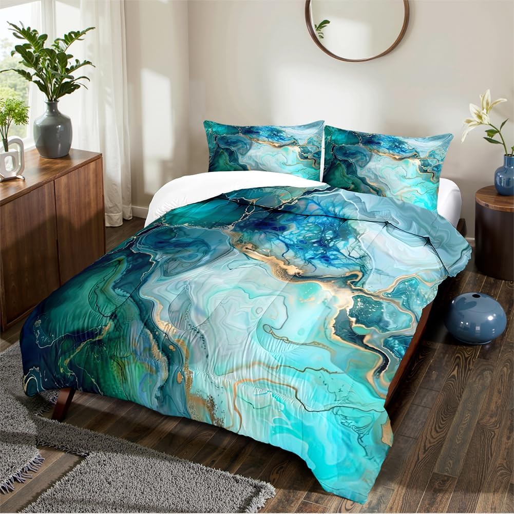 Turquoise Marble Comforter Set Queen Size Teal Blue Abstract Bedding Set Women Men Modern Aesthetic Comforters 3 Piece Gold Marbling Art Bed Sets Soft Lightweight Microfiber Comforter Sets - Image 3