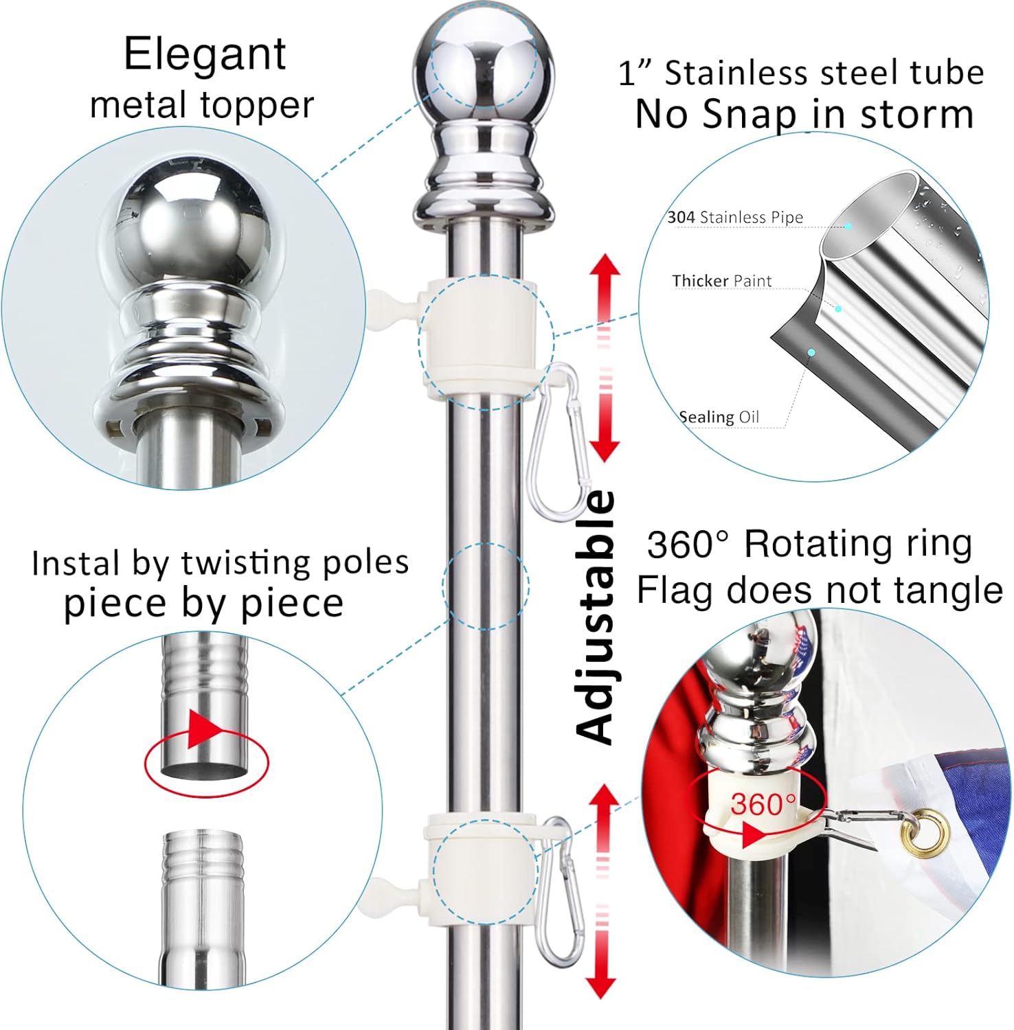 Flag Poles for Outside in Ground - 8ft Flag Pole for House Ground with 5 Pronges Base - Stainless Steel Heavy Duty Outdoor Yard Flag Pole Kit for American Flag Garden Decoration