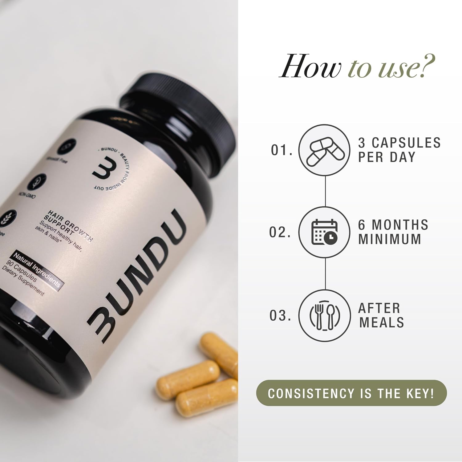 BUNDU Hair Growth Supplements – Natural, GMO-Free, Cruelty-Free Formula for Fuller Hair | Reduces Shedding, Supports Hair Health | 90 Capsules, 1 Month Supply